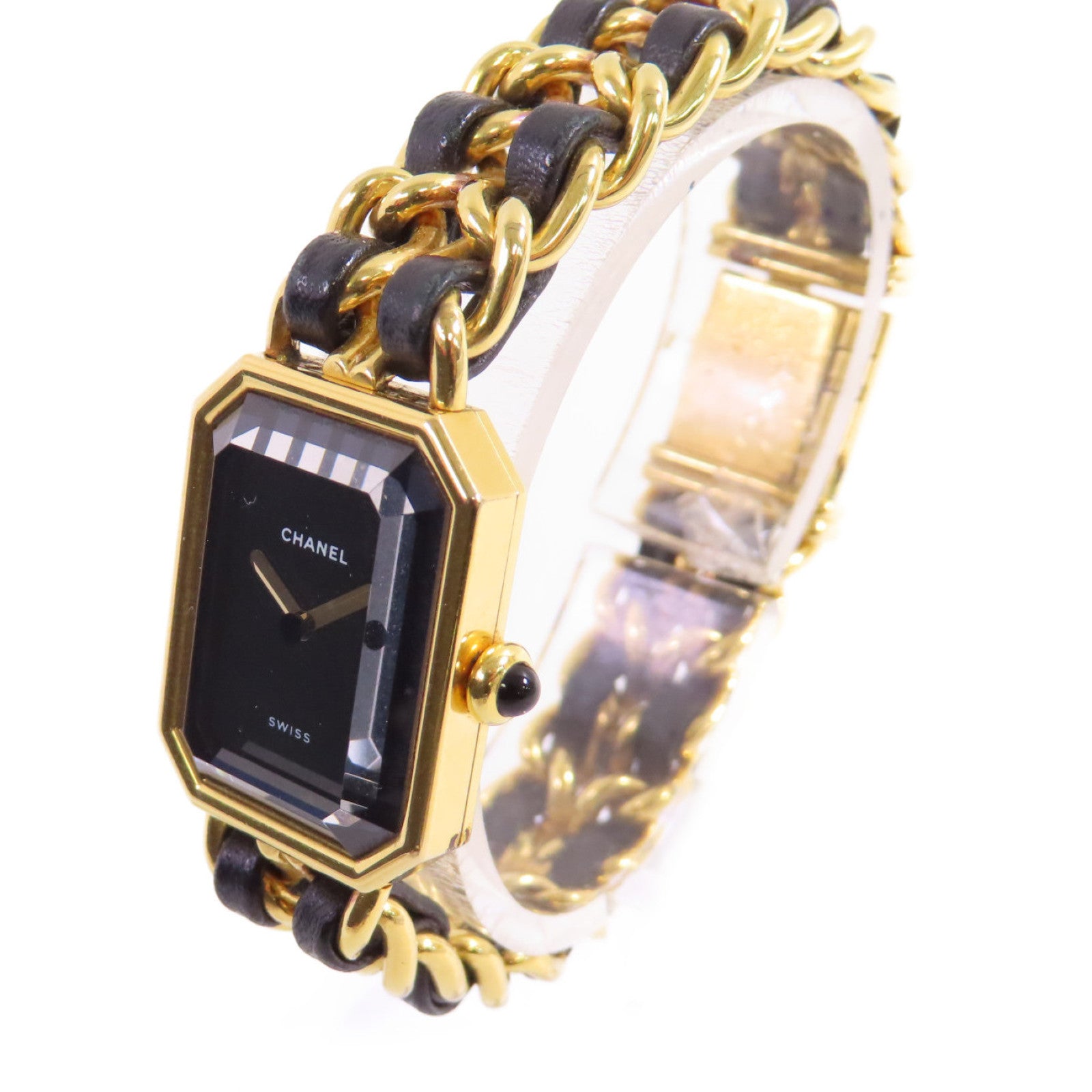 CHANEL Premiere L Watch/不鏽鋼/鍍金/皮帶金扣石英機芯手錶黑色/金色