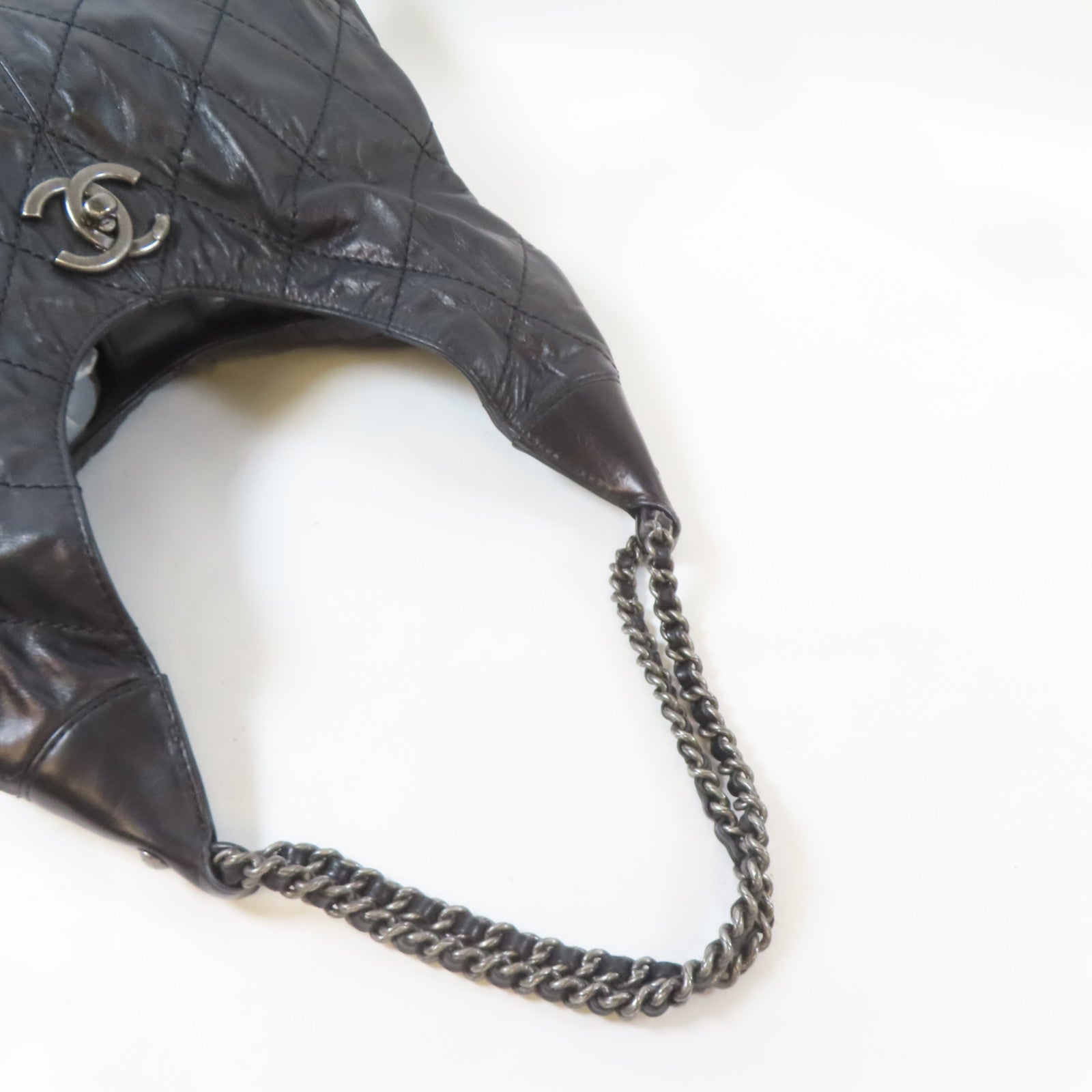 CHANEL 菱格羊皮皮革Tote Bag銀扣鏈帶肩背袋黑色
