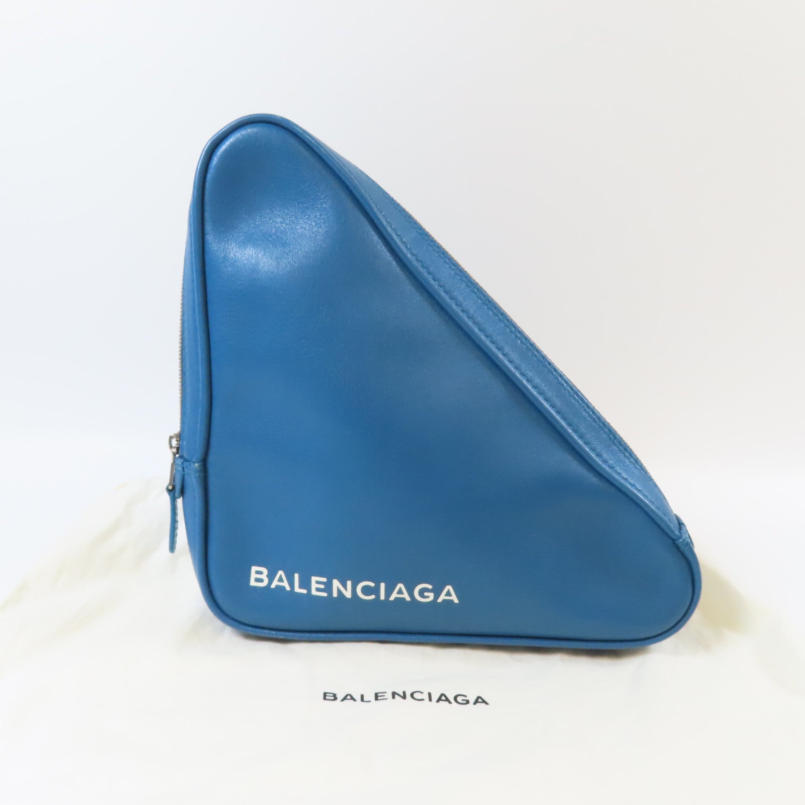 BALENCIAGA 皮革Triangle銀扣手拿包藍色