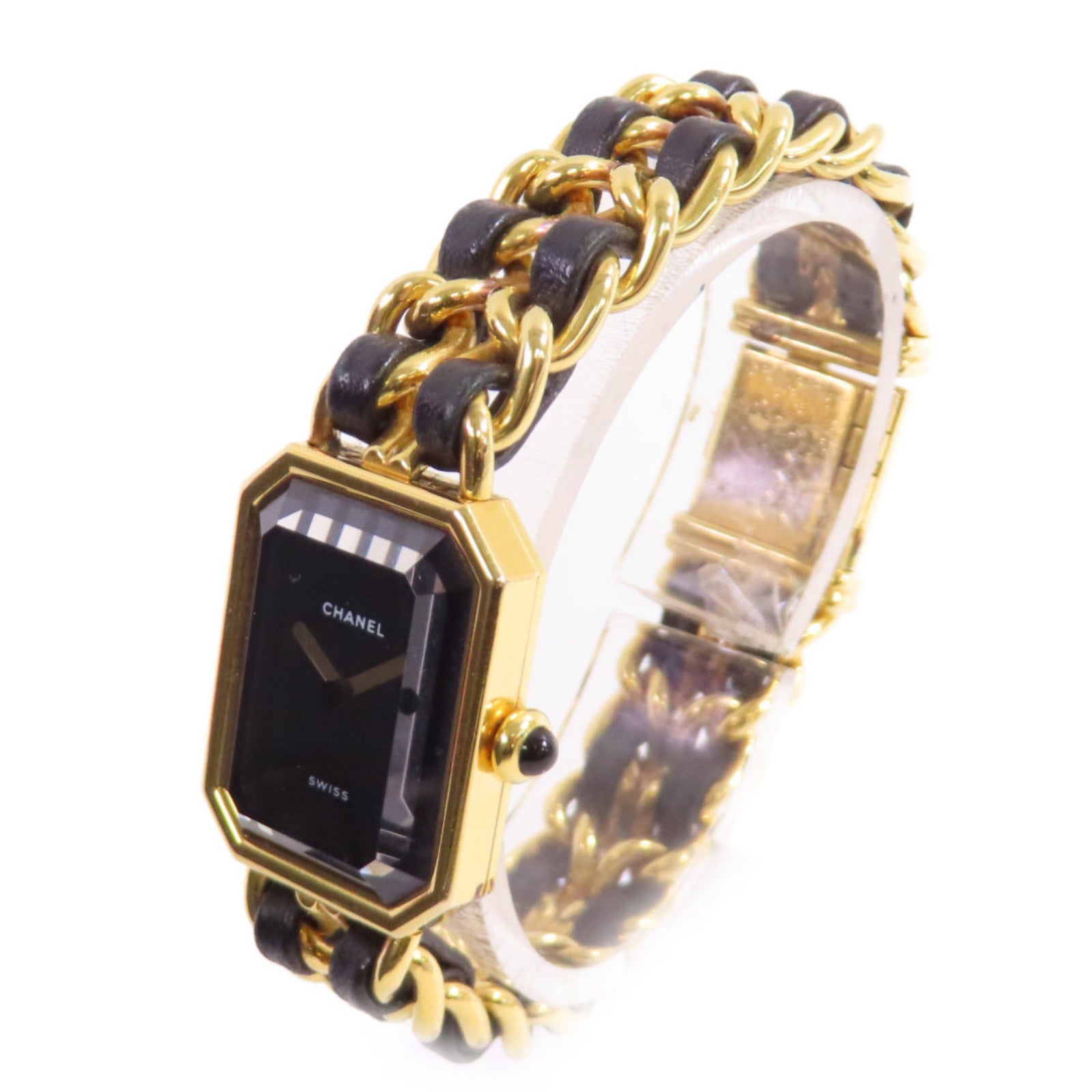 CHANEL Premiere L Watch/不鏽鋼/鍍金/皮帶金扣石英機芯手錶黑色/金色