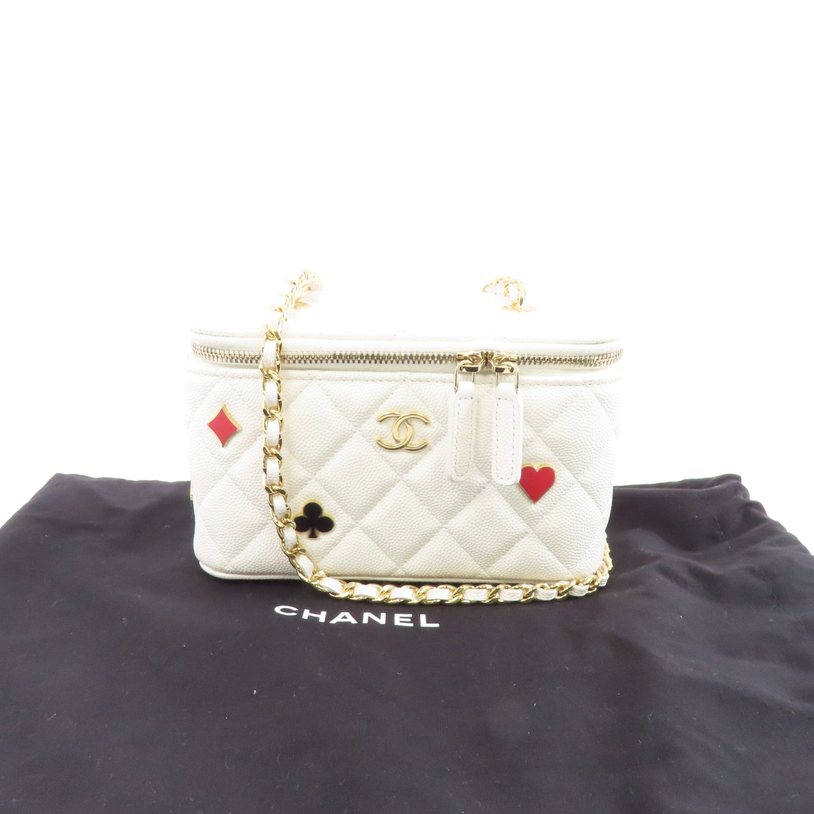 CHANEL 菱格Caviar皮革Vanity Case金扣鏈帶肩背袋白色