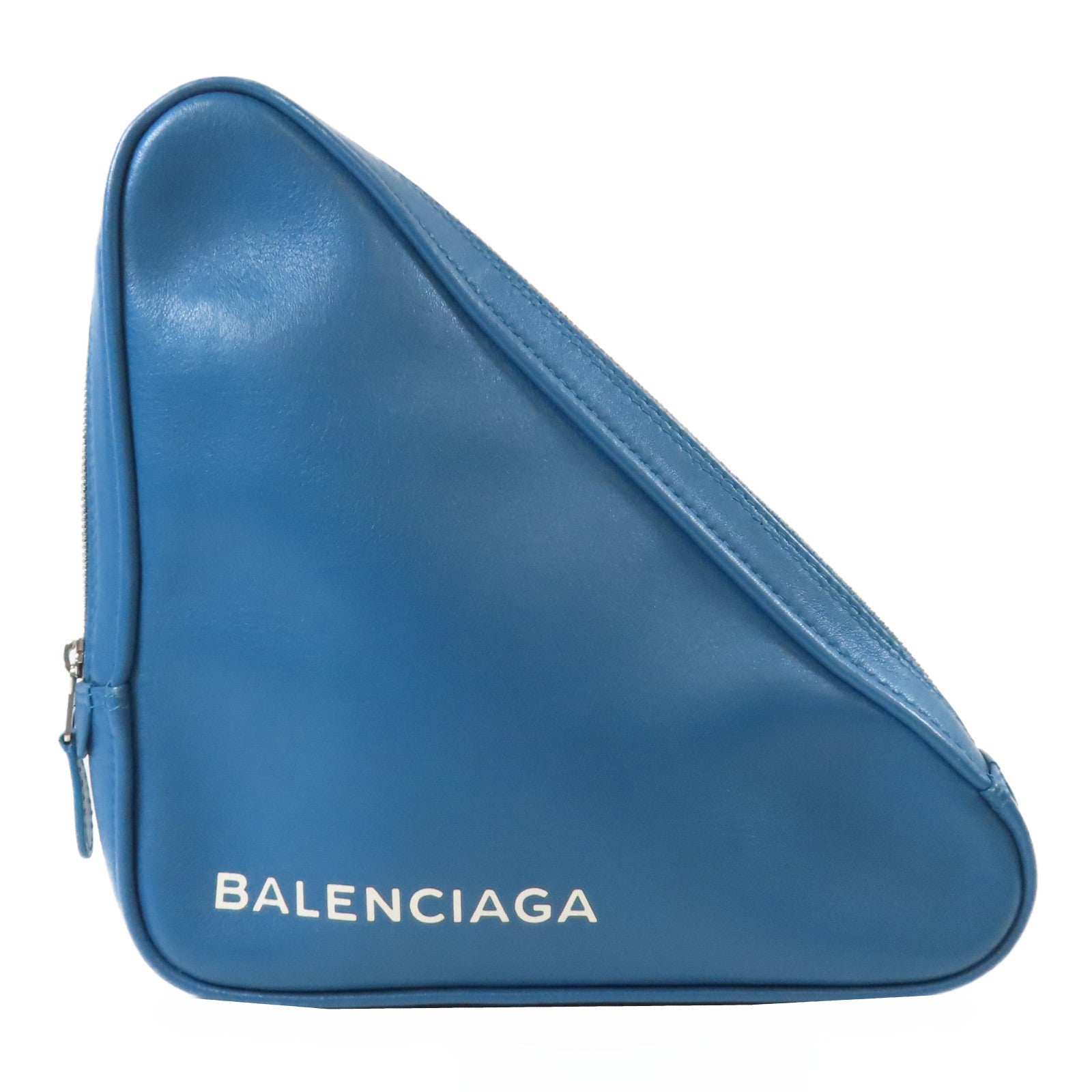 BALENCIAGA 皮革Triangle銀扣手拿包藍色