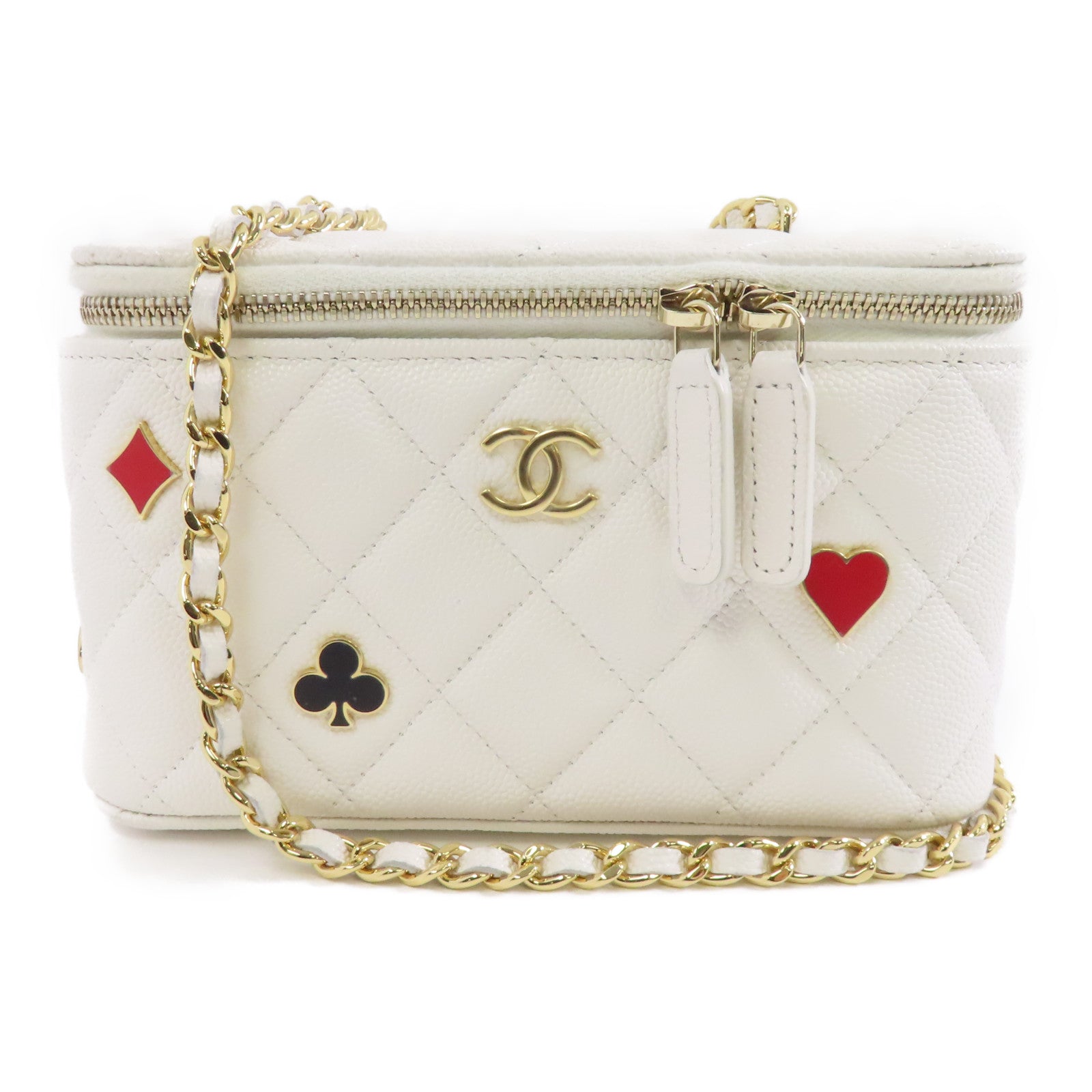CHANEL 菱格Caviar皮革Vanity Case金扣鏈帶肩背袋白色