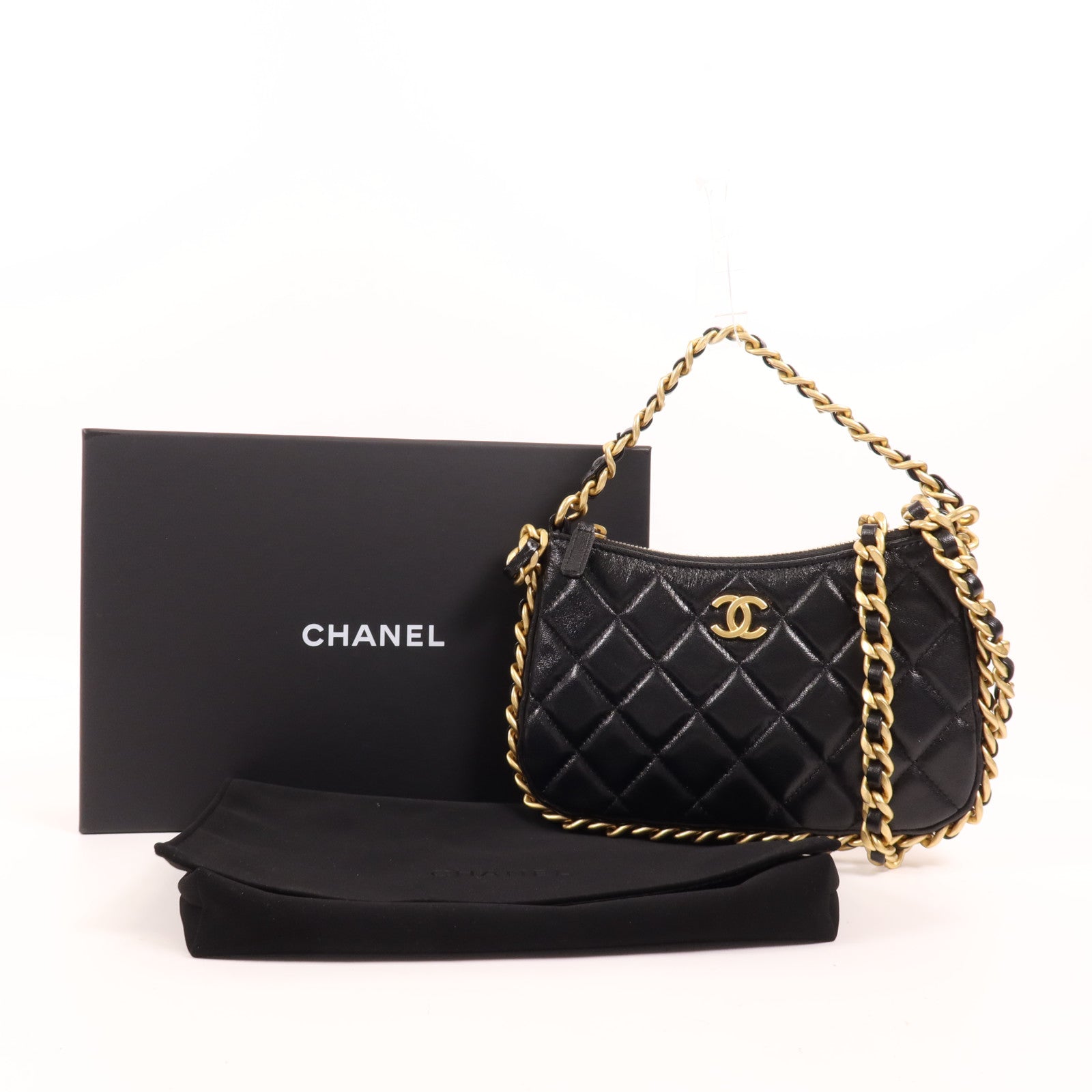 CHANEL 牛皮皮革Chain Shoulder金扣手挽肩背兩用袋