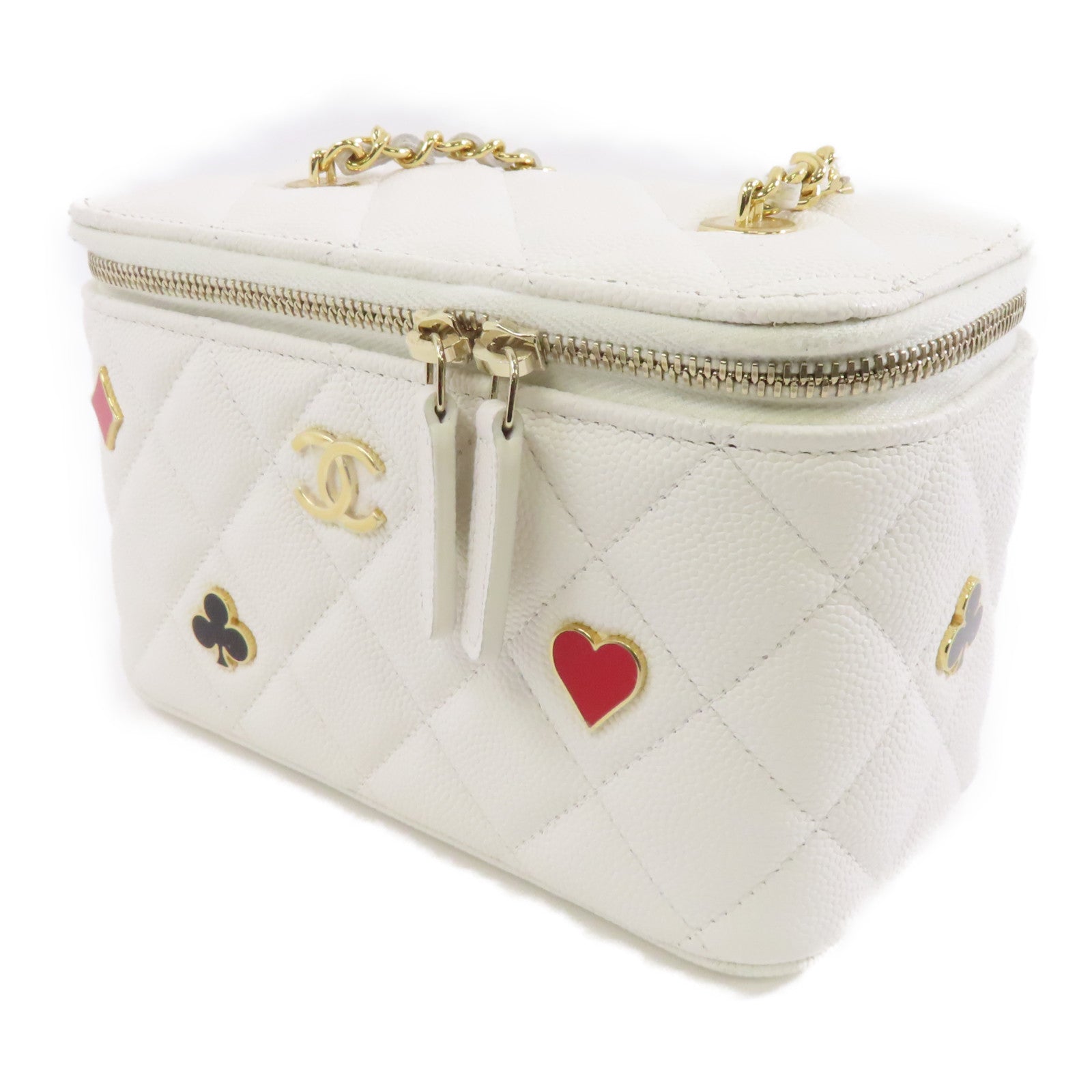 CHANEL 菱格Caviar皮革Vanity Case金扣鏈帶肩背袋白色