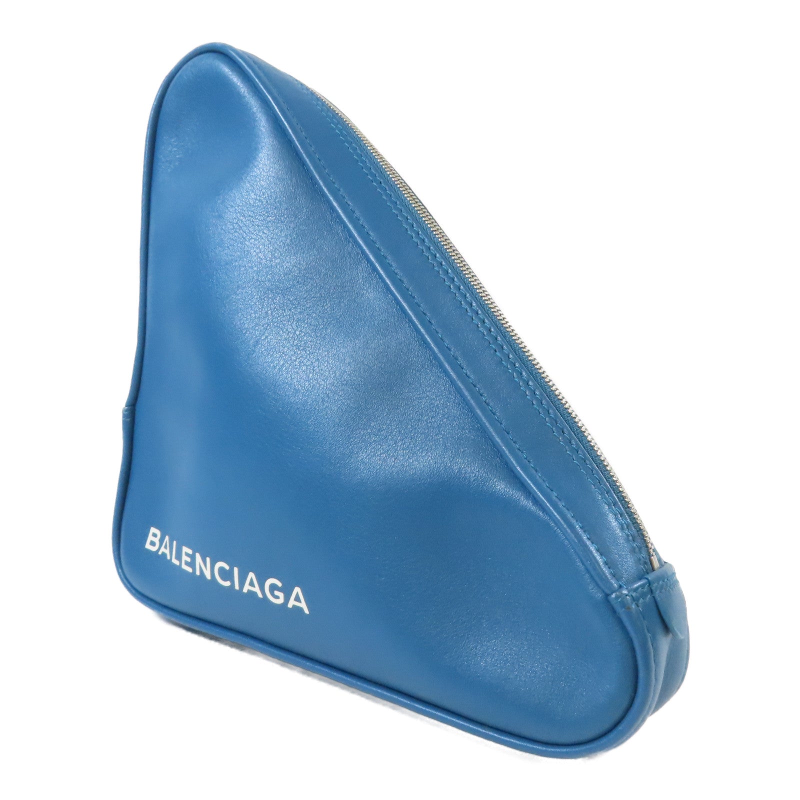 BALENCIAGA 皮革Triangle銀扣手拿包藍色
