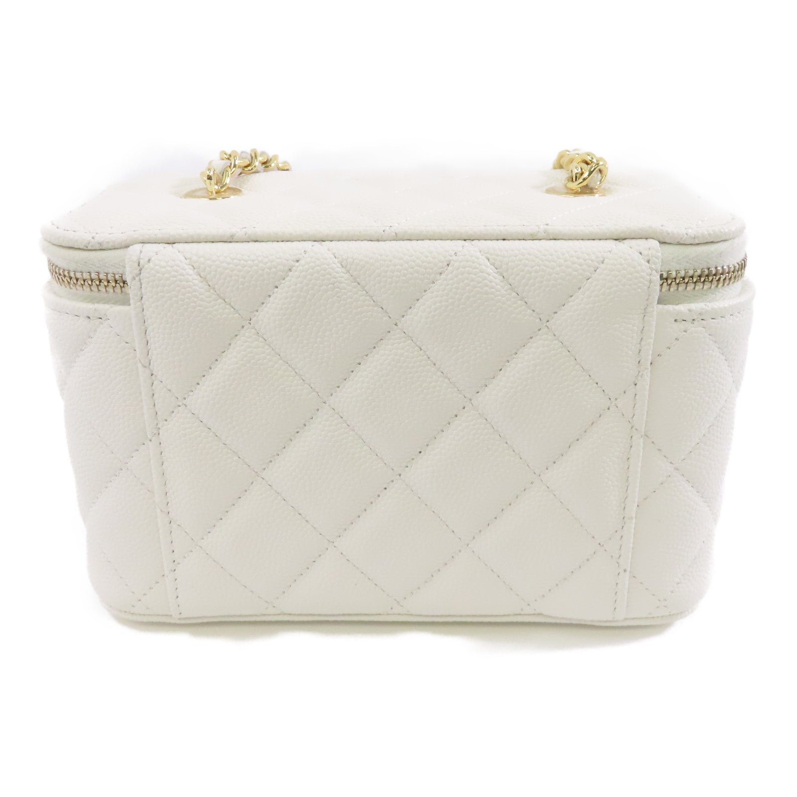 CHANEL 菱格Caviar皮革Vanity Case金扣鏈帶肩背袋白色