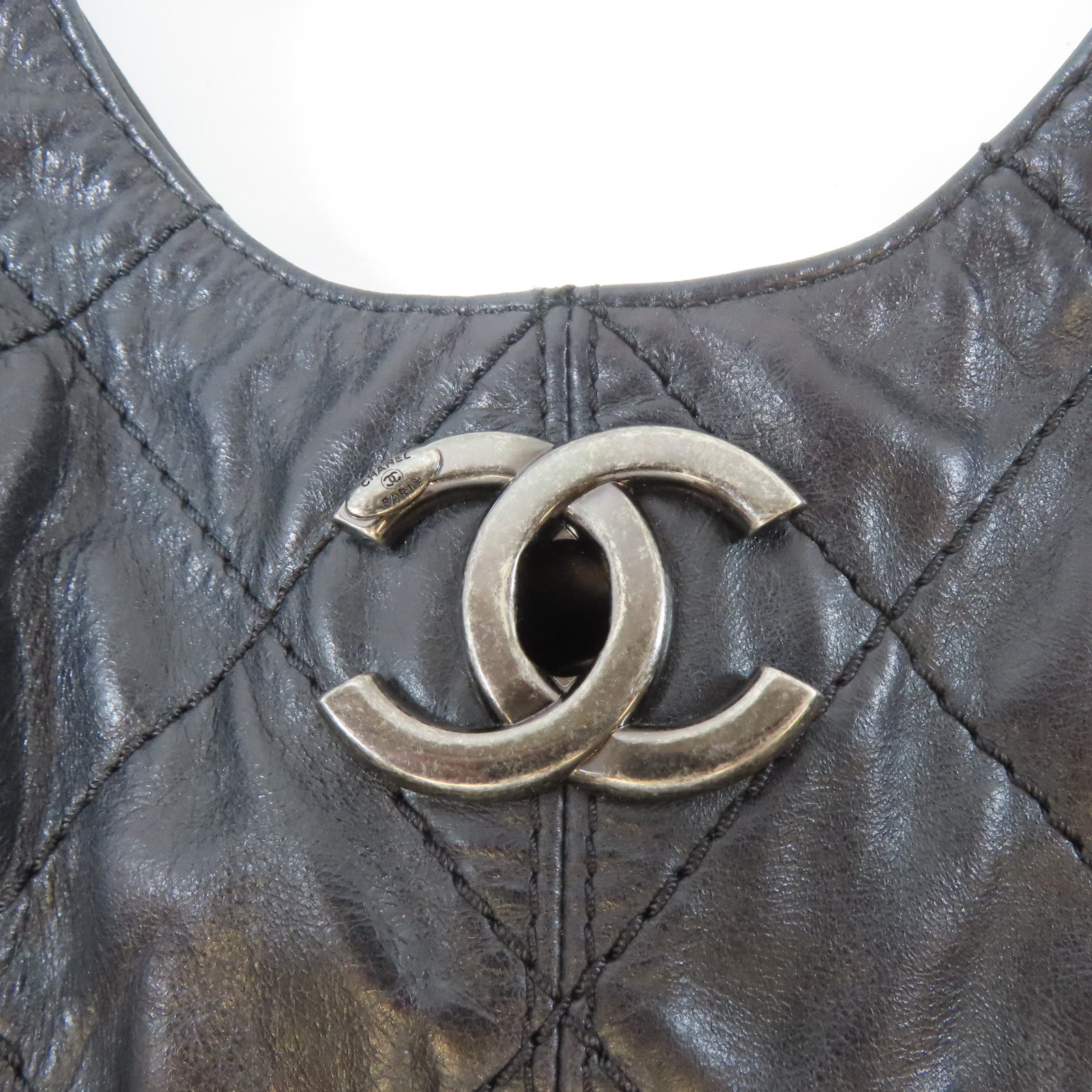 CHANEL 菱格羊皮皮革Tote Bag銀扣鏈帶肩背袋黑色