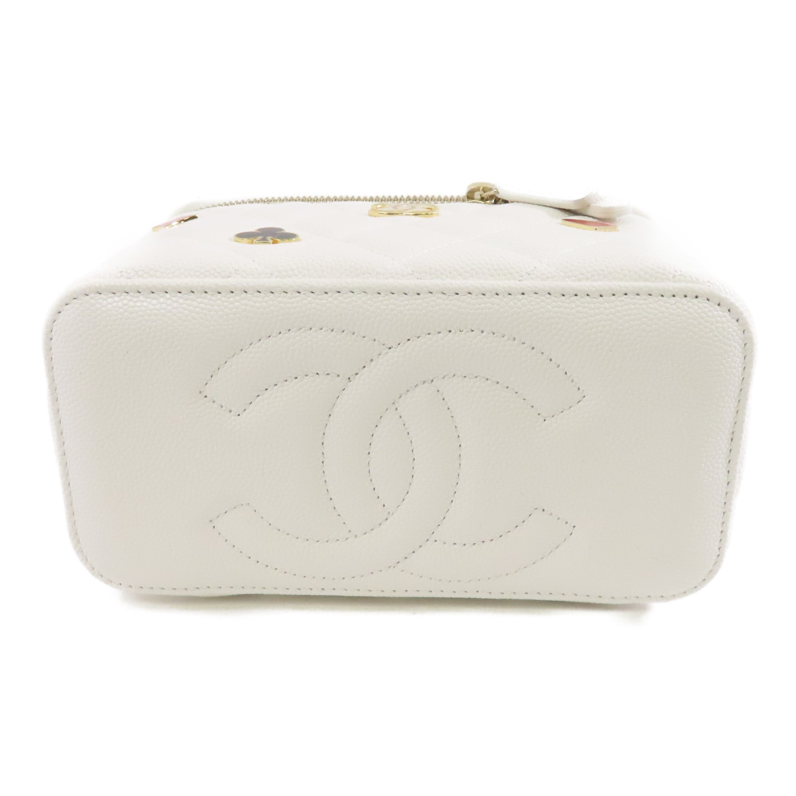 CHANEL 菱格Caviar皮革Vanity Case金扣鏈帶肩背袋白色