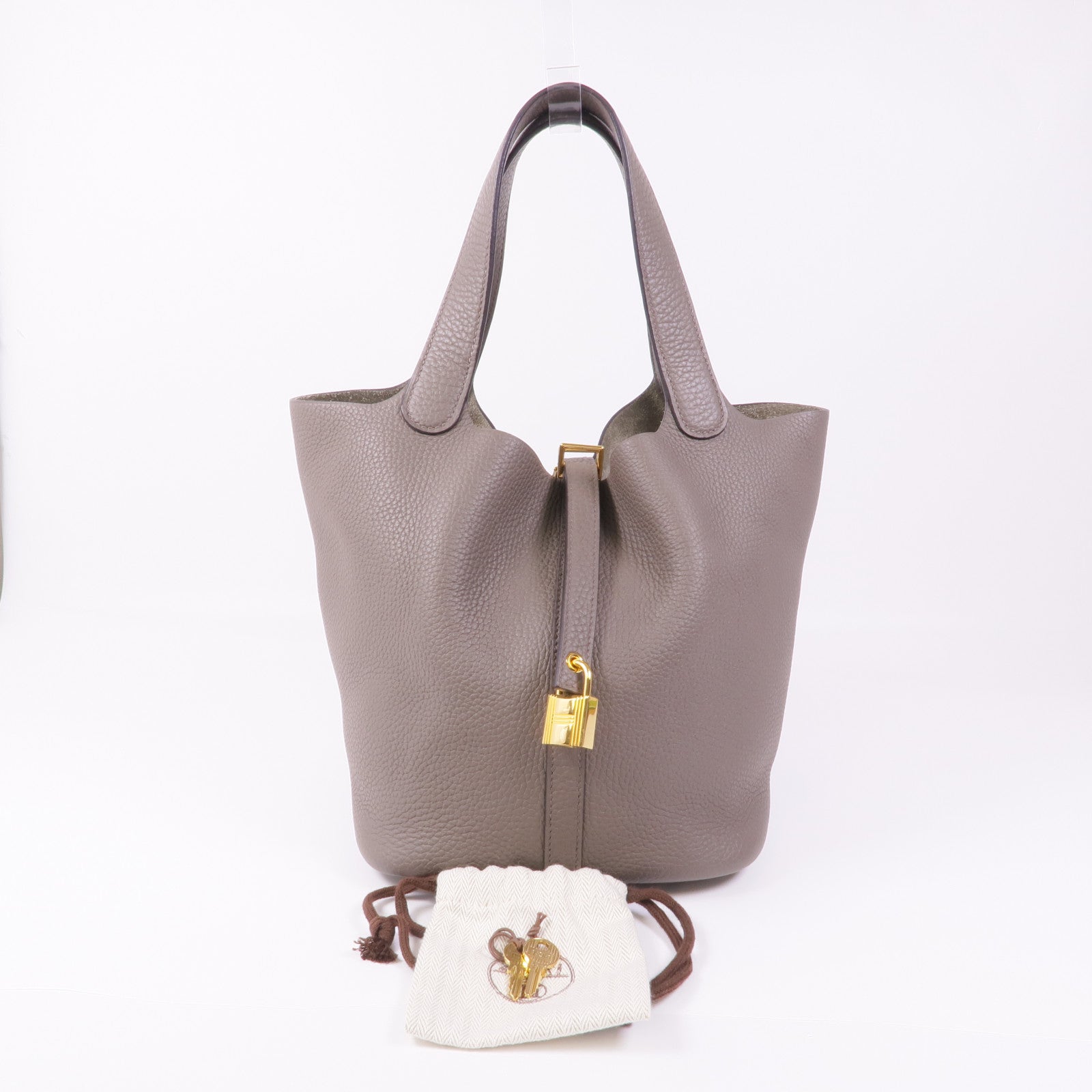 HERMES Clemence皮革Picotin MM金扣手挽袋Etain