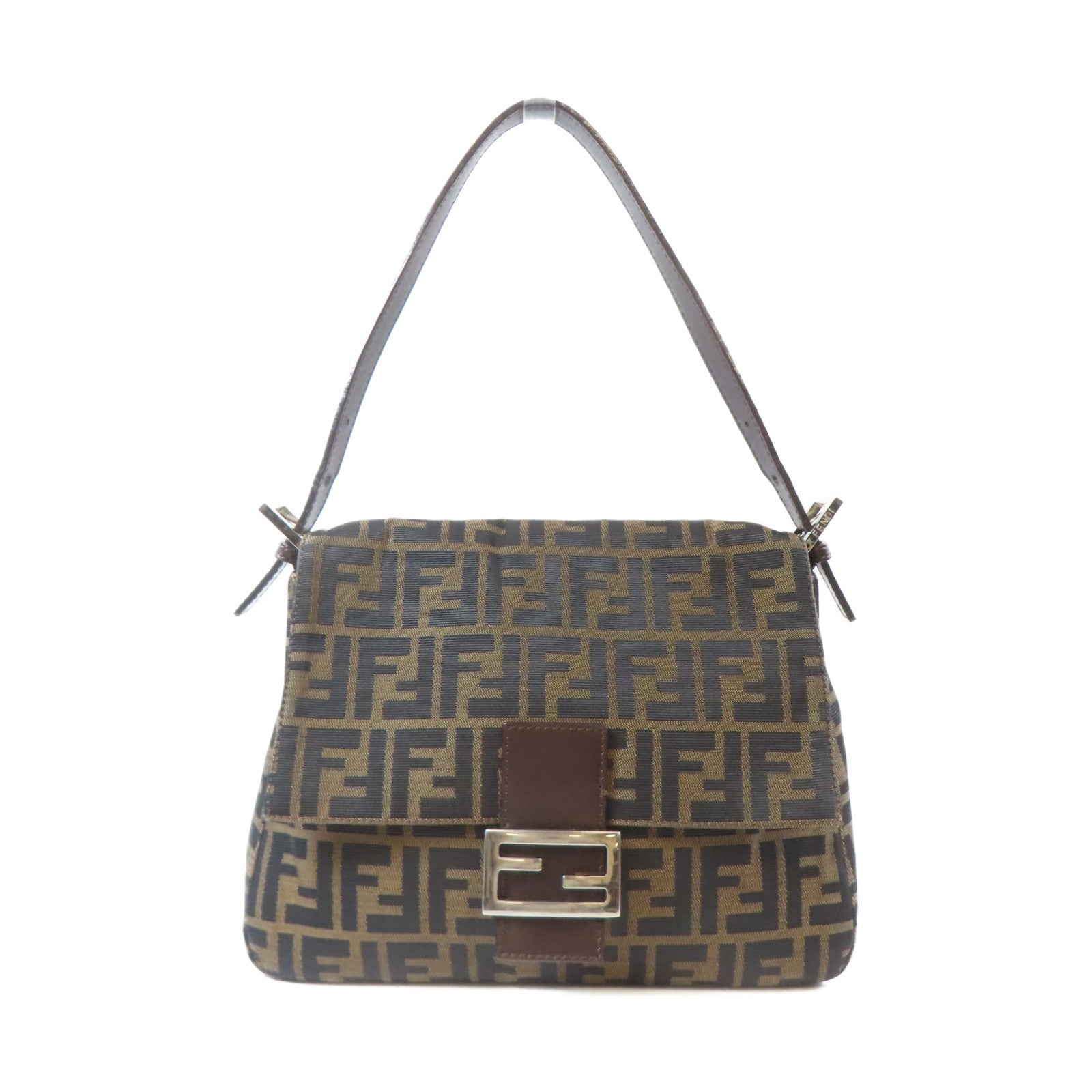 FENDI 帆布Mama Baguette銀扣肩背袋啡色/黑色