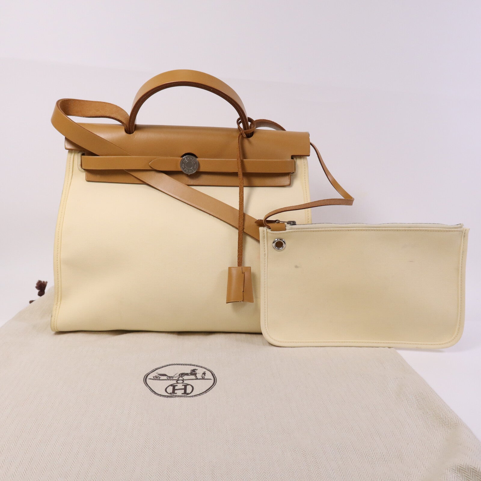 HERMES 帆布Herbag PM手挽肩背兩用袋Gold/Vanille