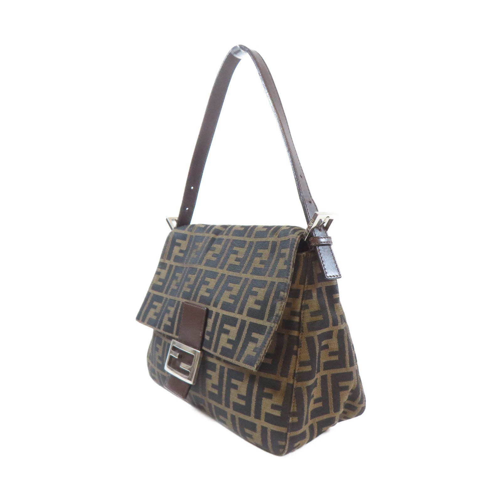 FENDI 帆布Mama Baguette銀扣肩背袋啡色/黑色
