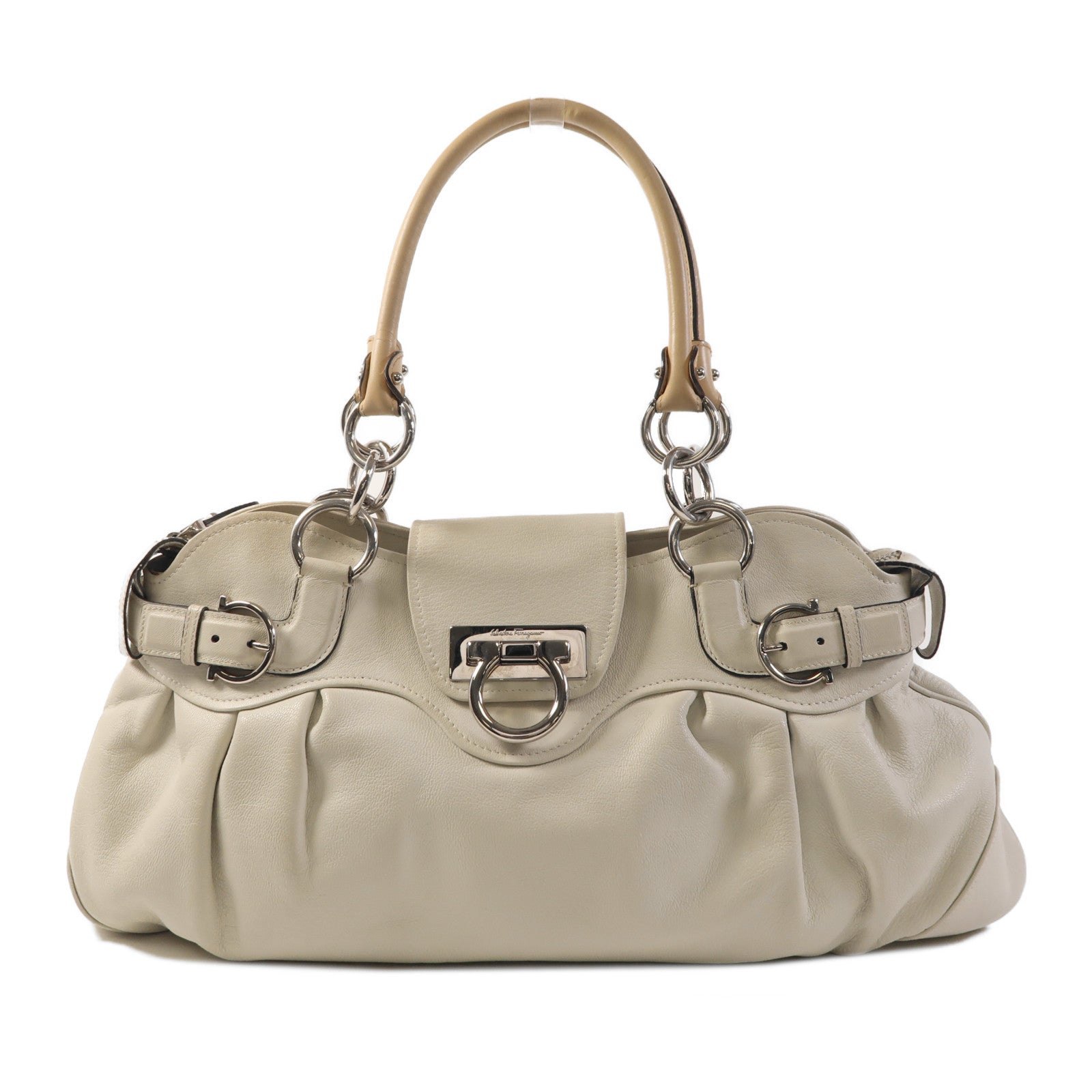 SALVATORE FERRAGAMO SHW Marisa Satchel Shoulder Bag Calfskin Leather Off White