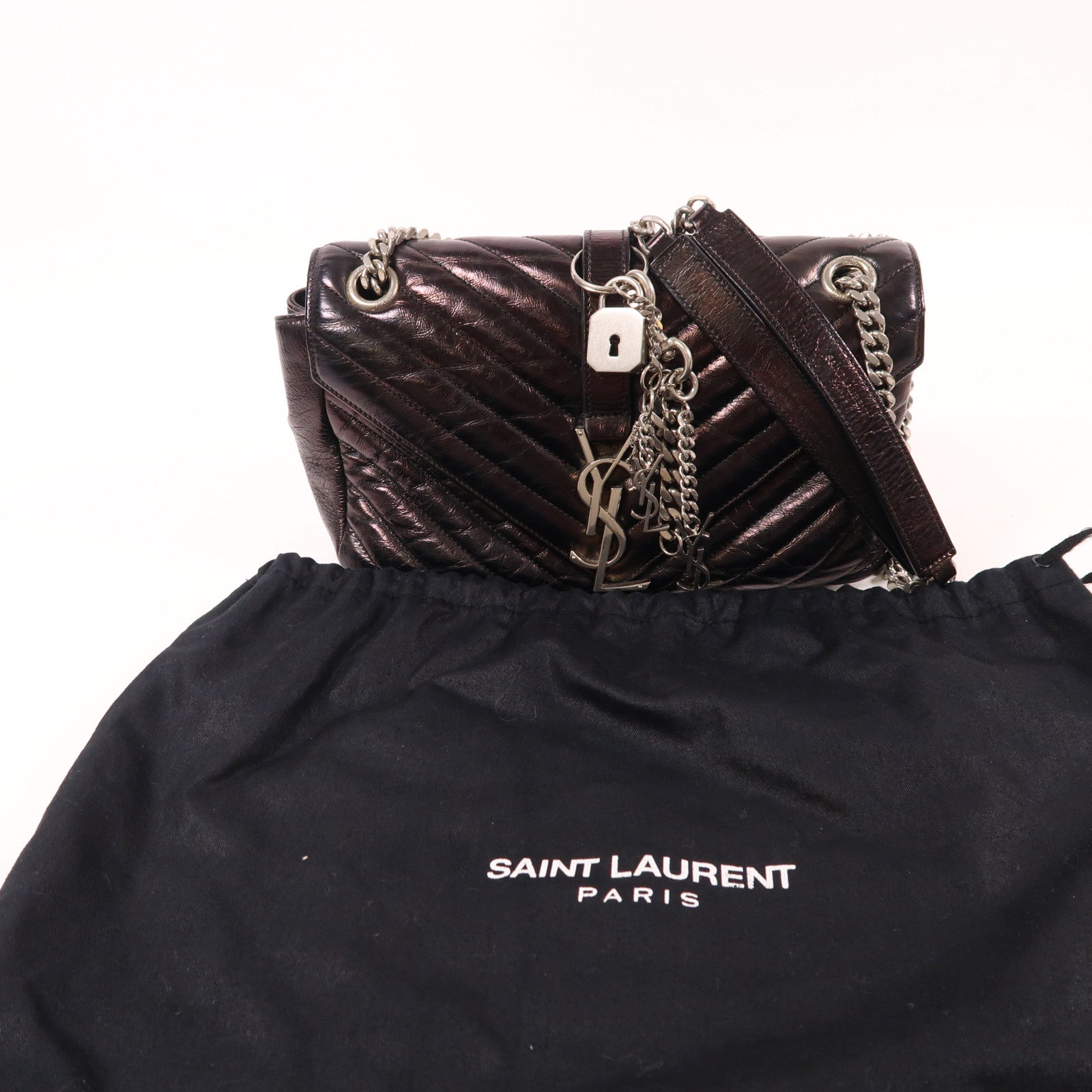 SAINT LAURENT 牛皮皮革Shoulder Bag銀扣鏈帶肩背袋