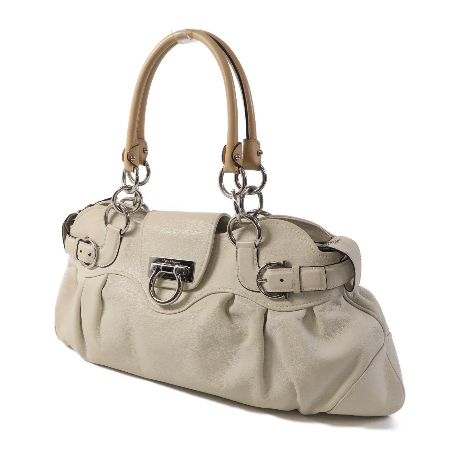 SALVATORE FERRAGAMO SHW Marisa Satchel Shoulder Bag Calfskin Leather Off White
