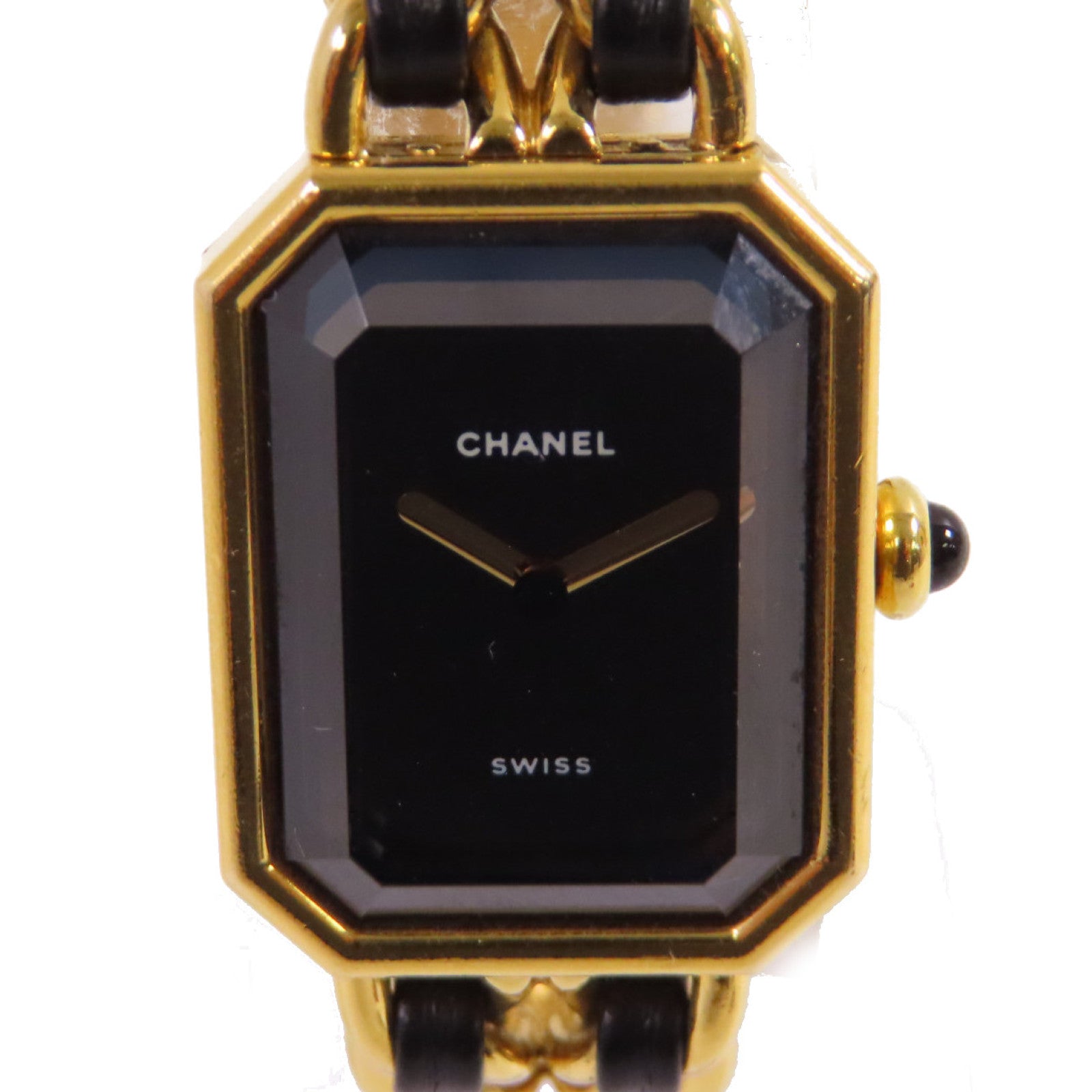 CHANEL Premiere L Watch/不鏽鋼/鍍金/皮帶金扣石英機芯手錶黑色/金色