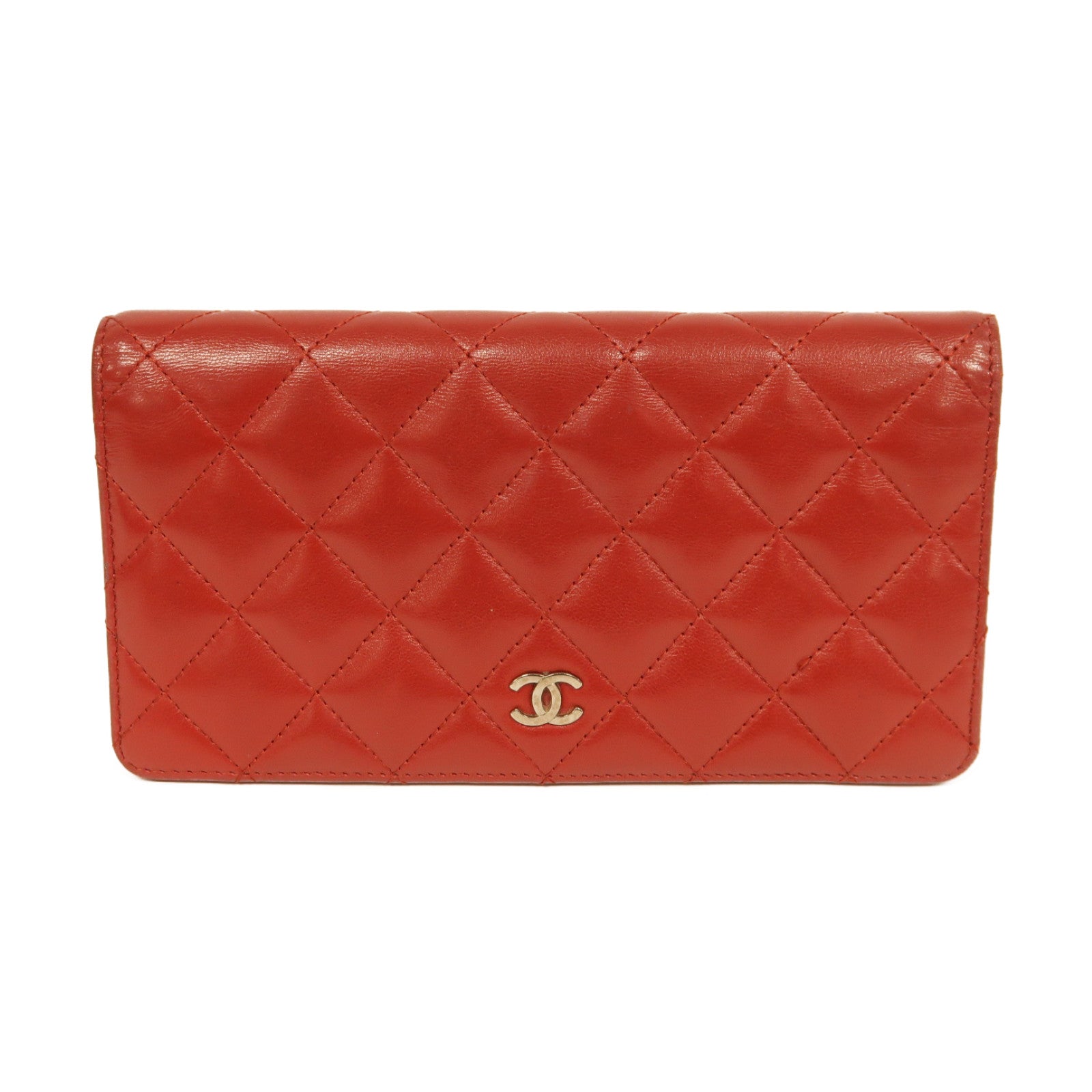 CHANEL **【激減優惠】菱格羊皮皮革Long Wallet銀扣長錢包紅色