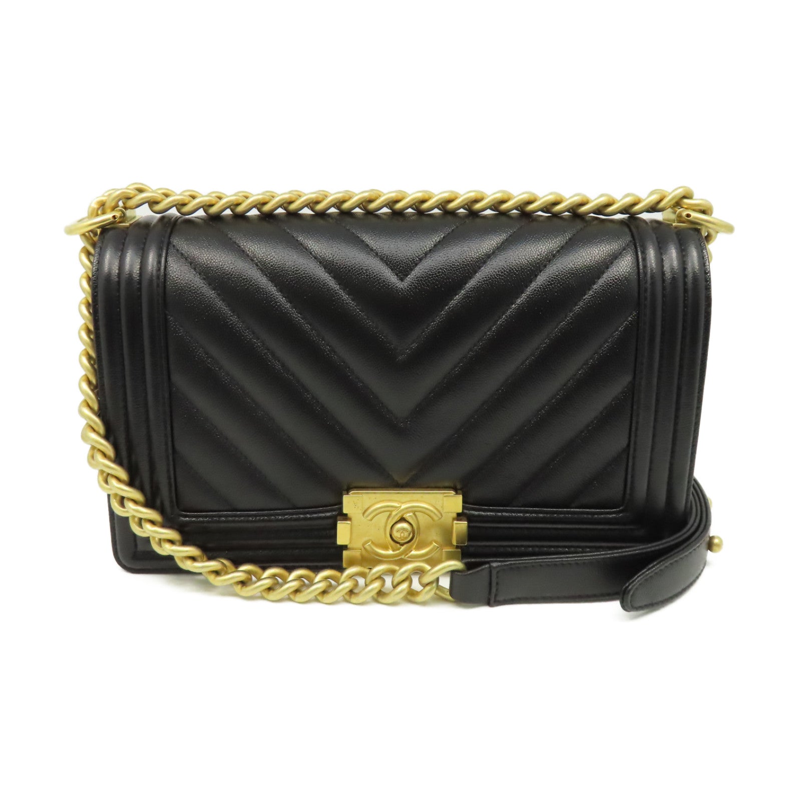CHANEL **【激減優惠】斜紋Caviar皮革Boy Chanel 25 Chain Shoulder Bag金扣鏈帶肩背袋黑色