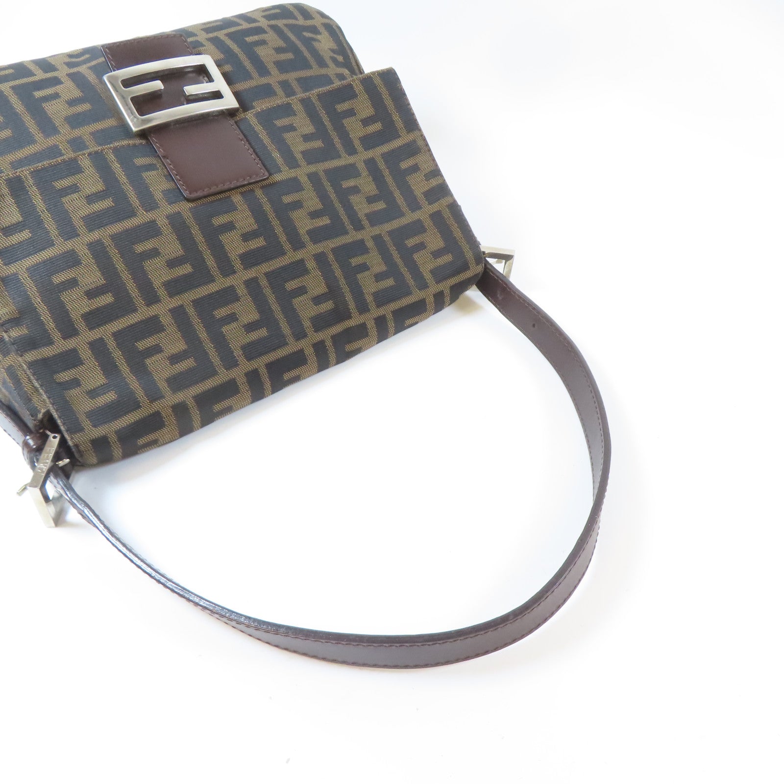 FENDI 帆布Mama Baguette銀扣肩背袋啡色/黑色