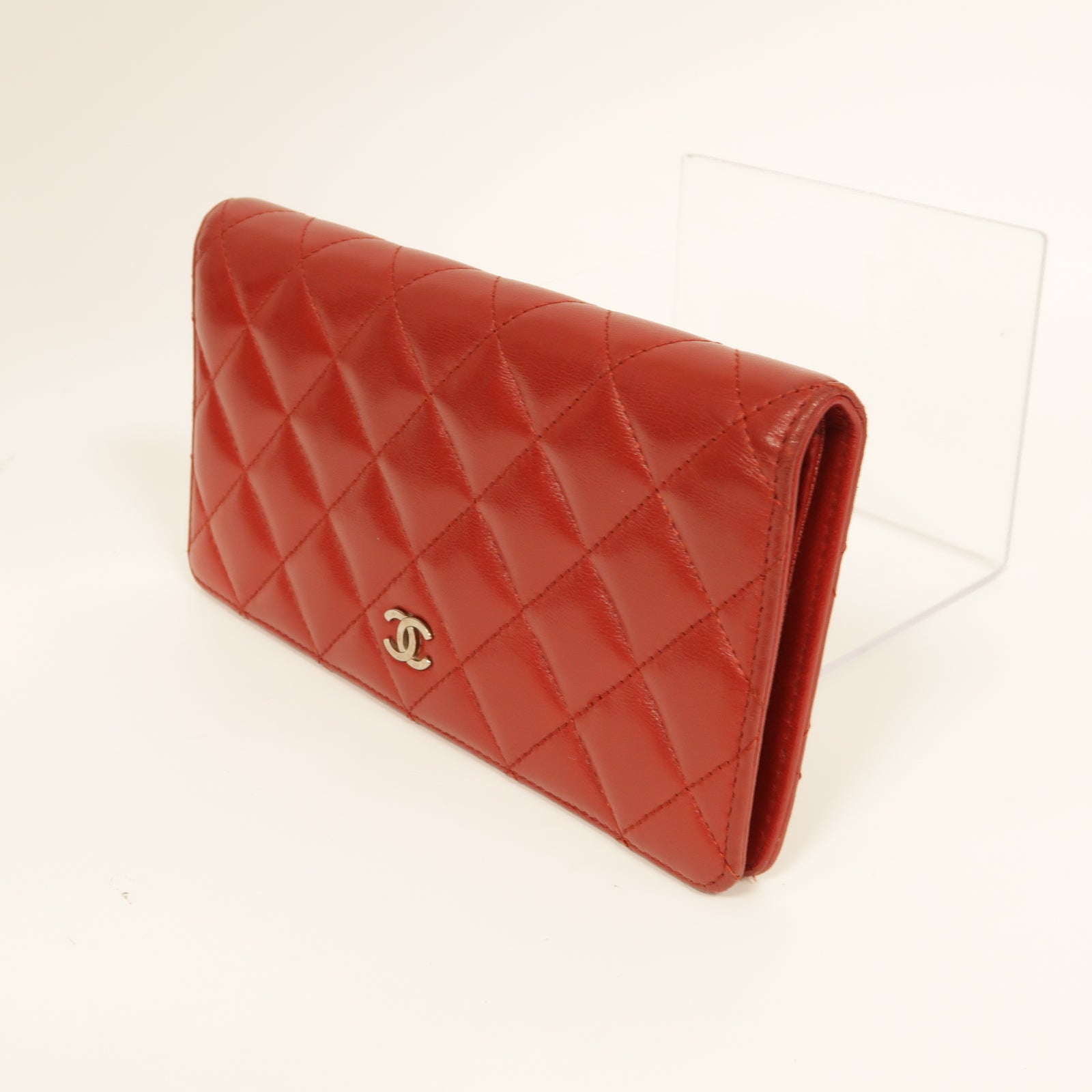 CHANEL **【激減優惠】菱格羊皮皮革Long Wallet銀扣長錢包紅色