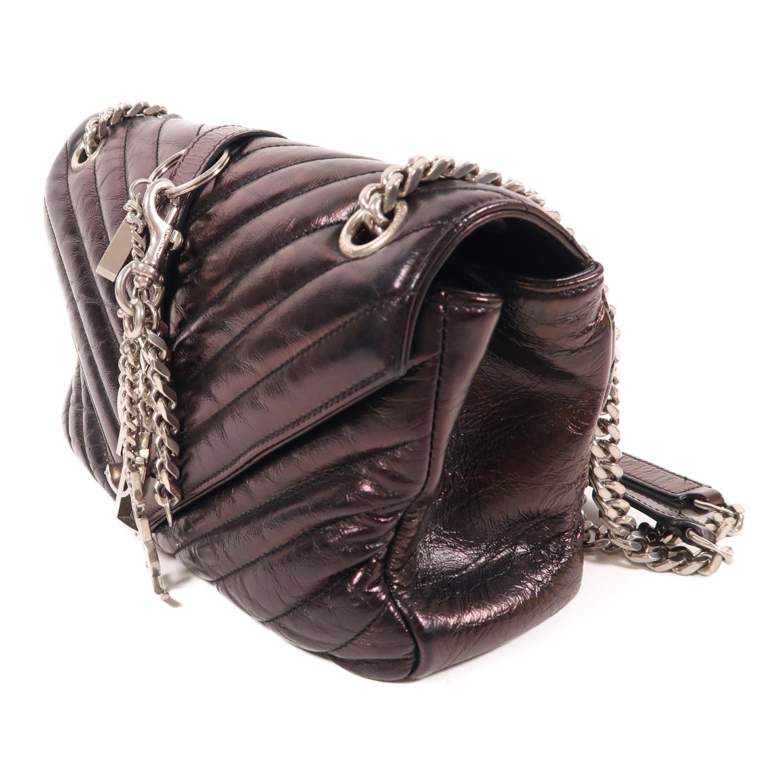 SAINT LAURENT 牛皮皮革Shoulder Bag銀扣鏈帶肩背袋
