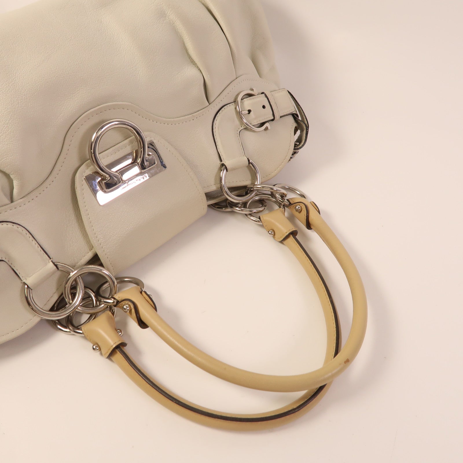 SALVATORE FERRAGAMO SHW Marisa Satchel Shoulder Bag Calfskin Leather Off White