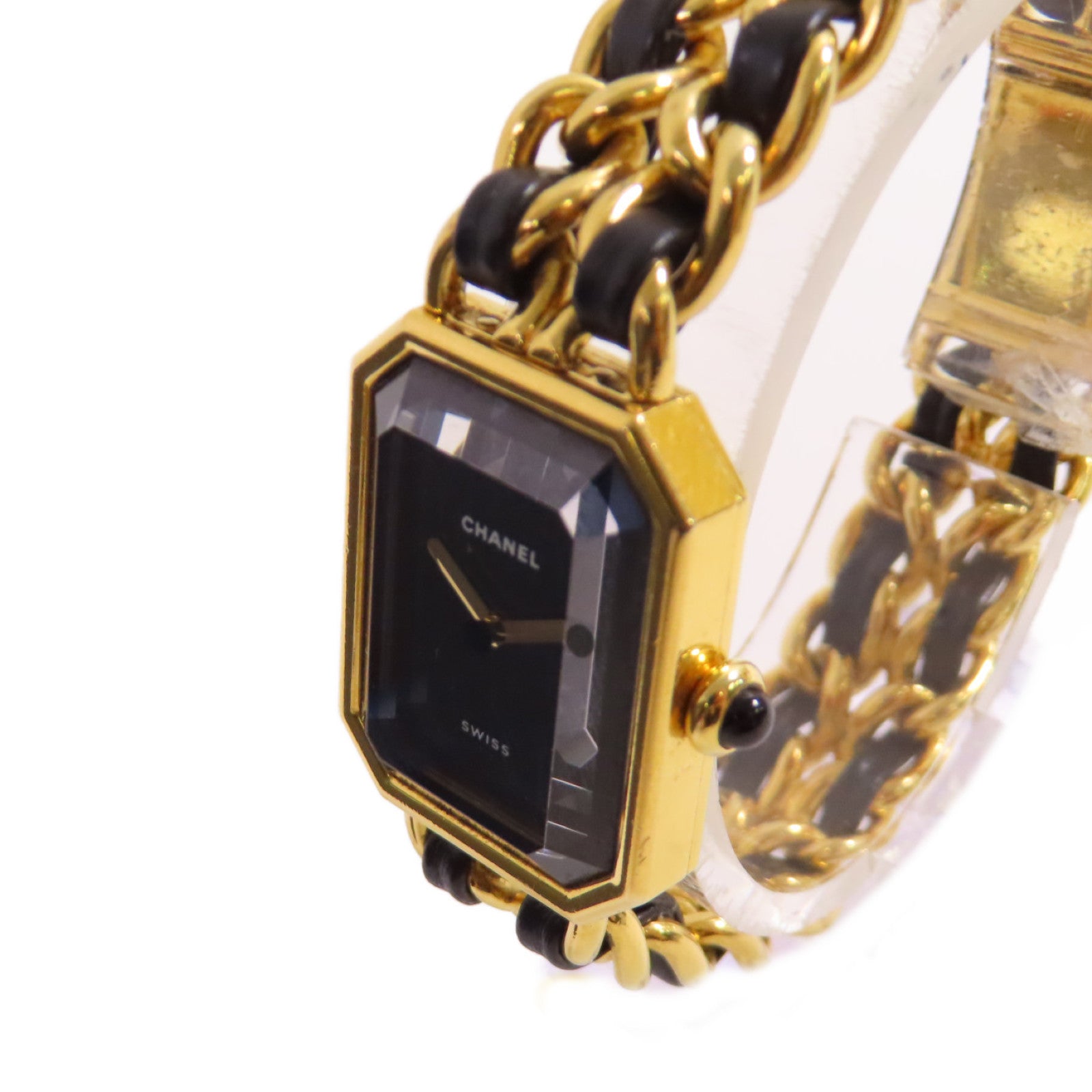 CHANEL Premiere L Watch/不鏽鋼/鍍金/皮帶金扣石英機芯手錶黑色/金色
