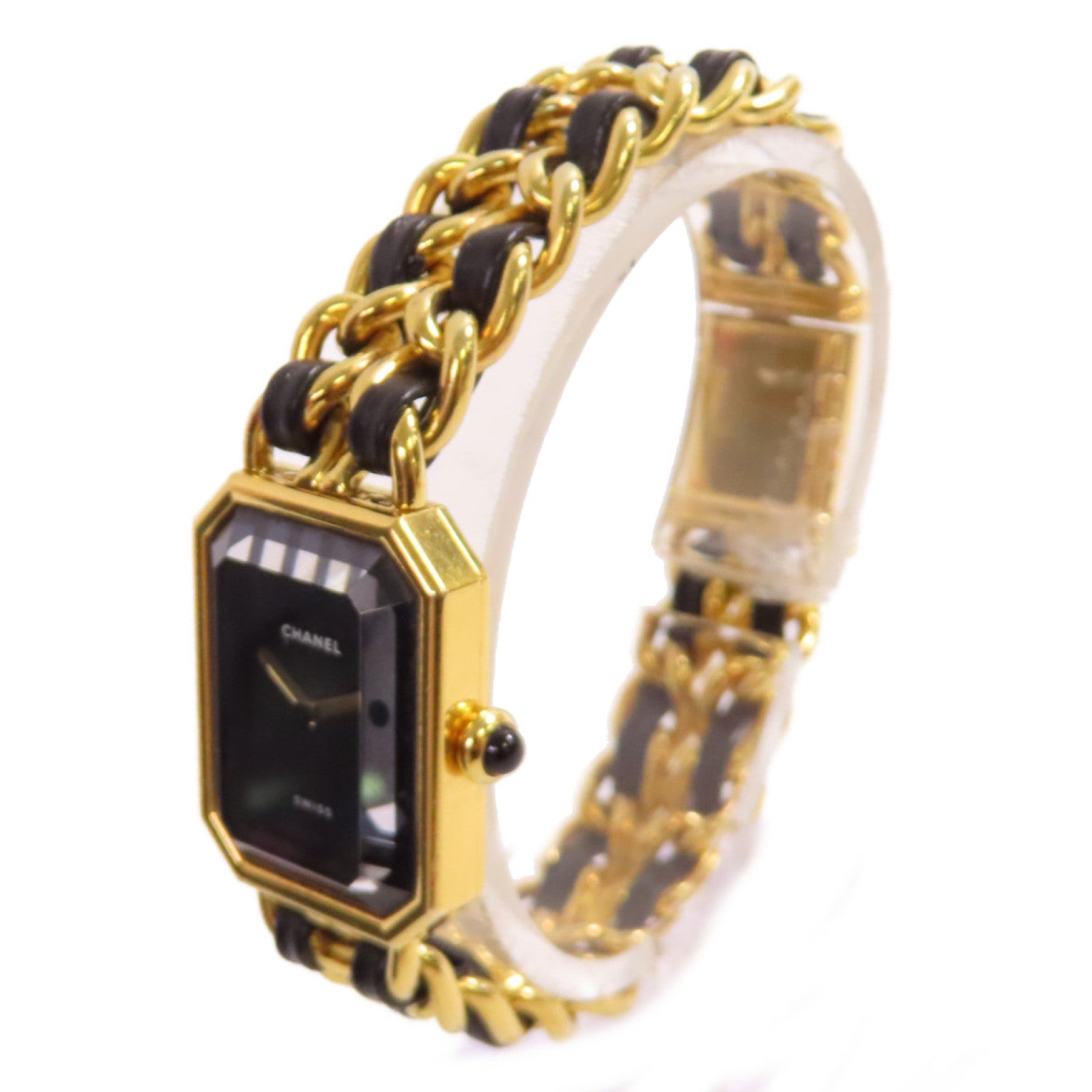 CHANEL Premiere L Watch/不鏽鋼/鍍金/皮帶金扣石英機芯手錶黑色/金色