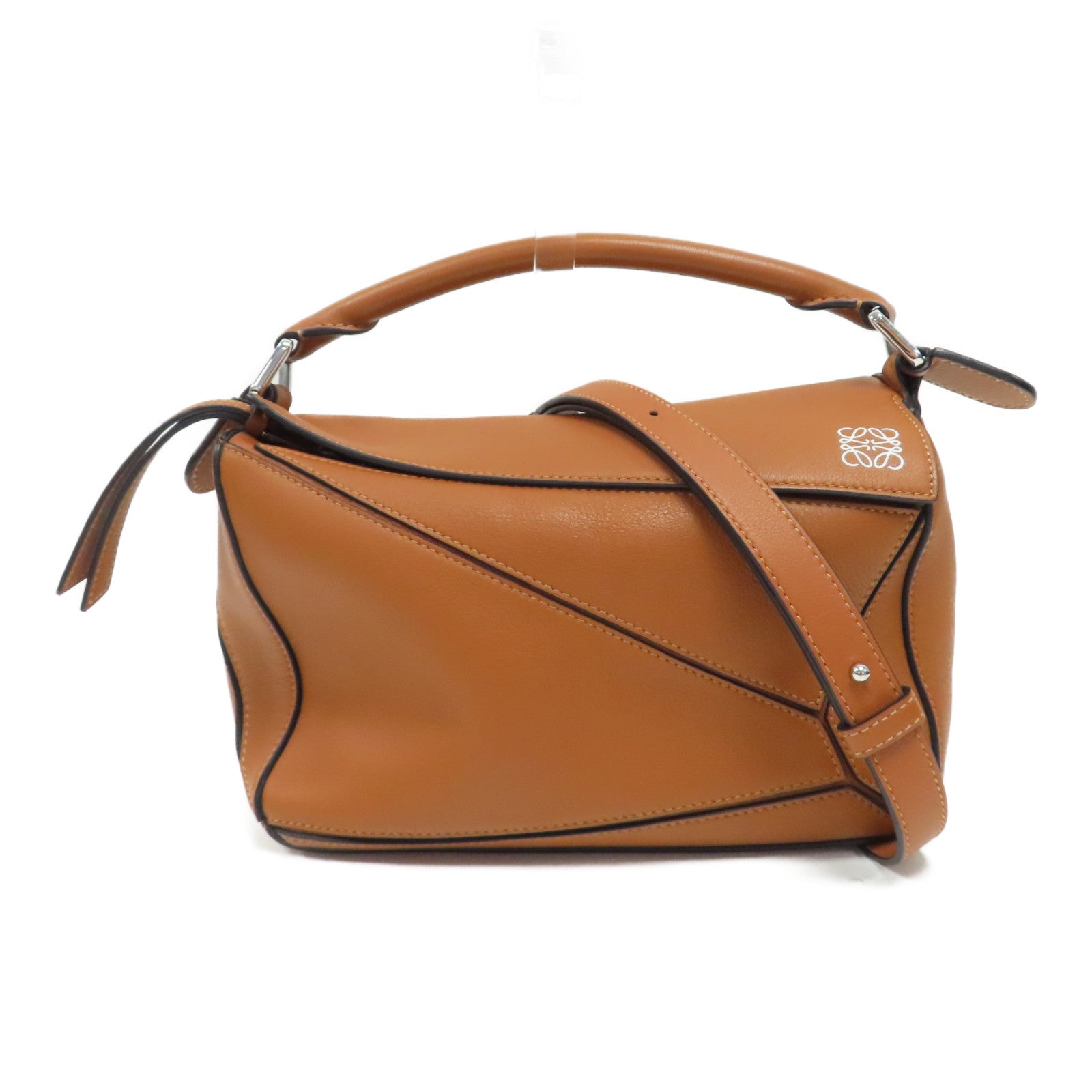 LOEWE 牛皮皮革Puzzle銀扣手挽肩背兩用袋啡色