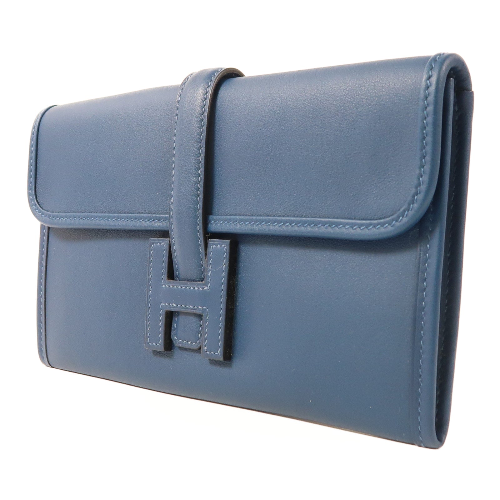 HERMES Swift皮革Jige Duo銀扣長錢包Bleu Brighton