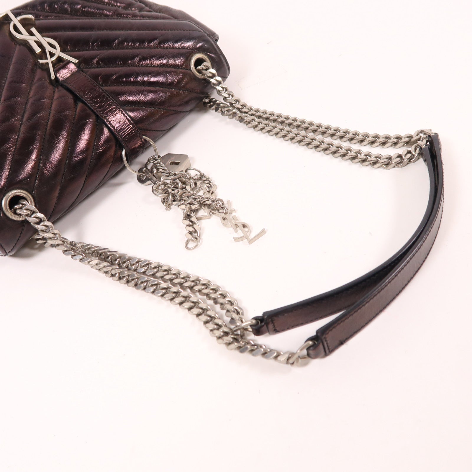 SAINT LAURENT 牛皮皮革Shoulder Bag銀扣鏈帶肩背袋