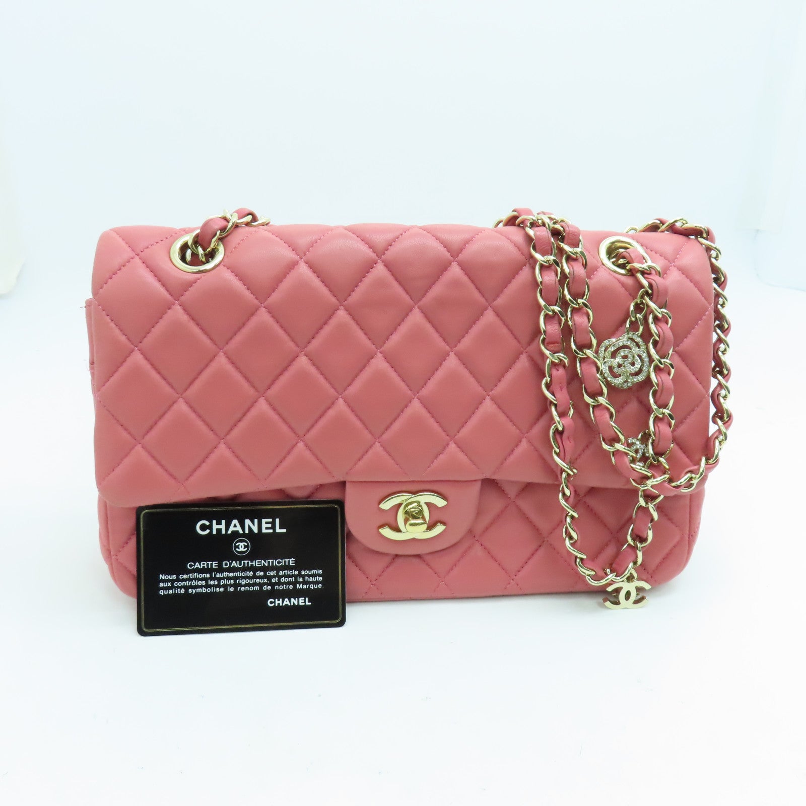 CHANEL 羊皮皮革Chain Shoulder链带肩背袋金扣粉红色