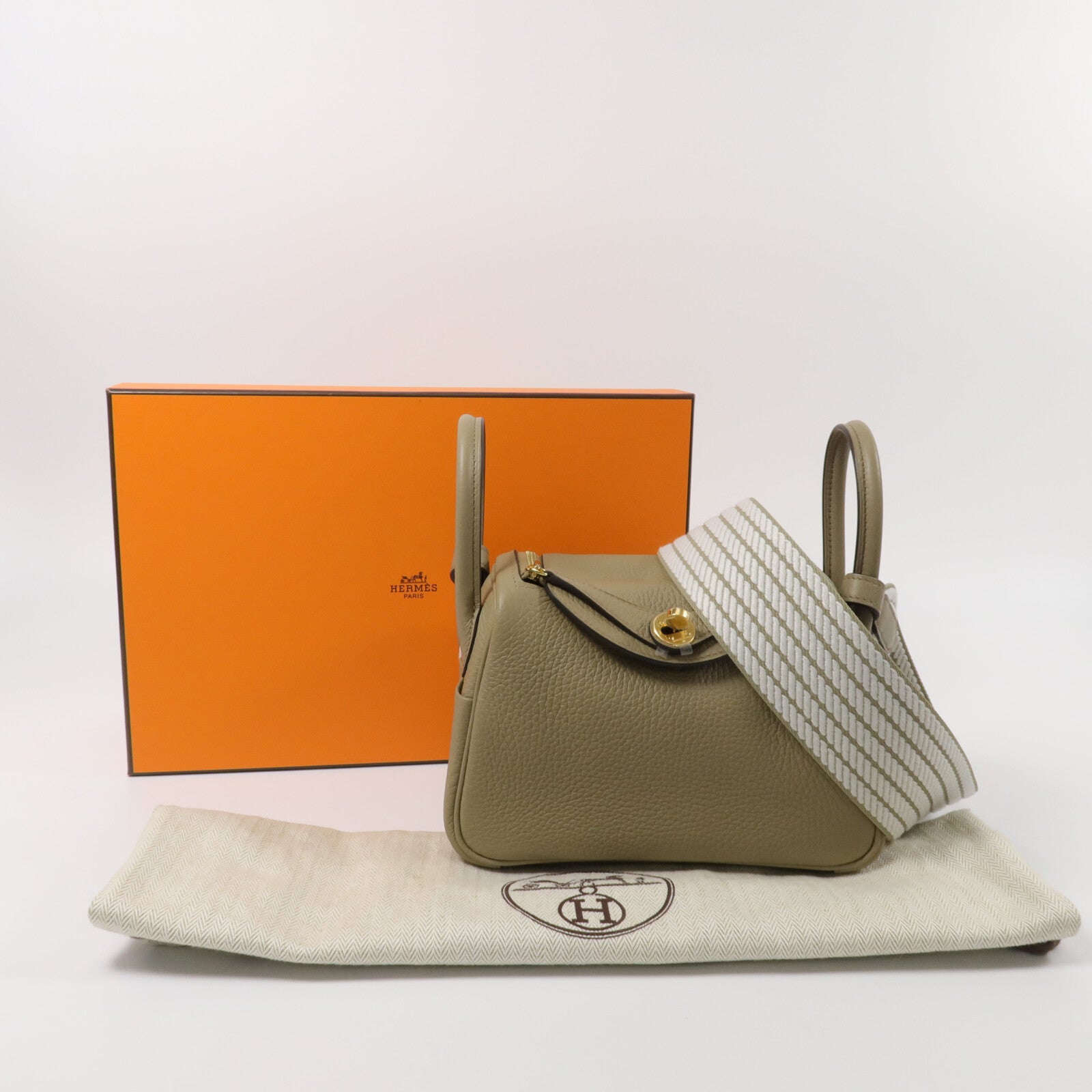 HERMES Clemence皮革Mini Lindy手挽肩背兩用袋Beige Marfa