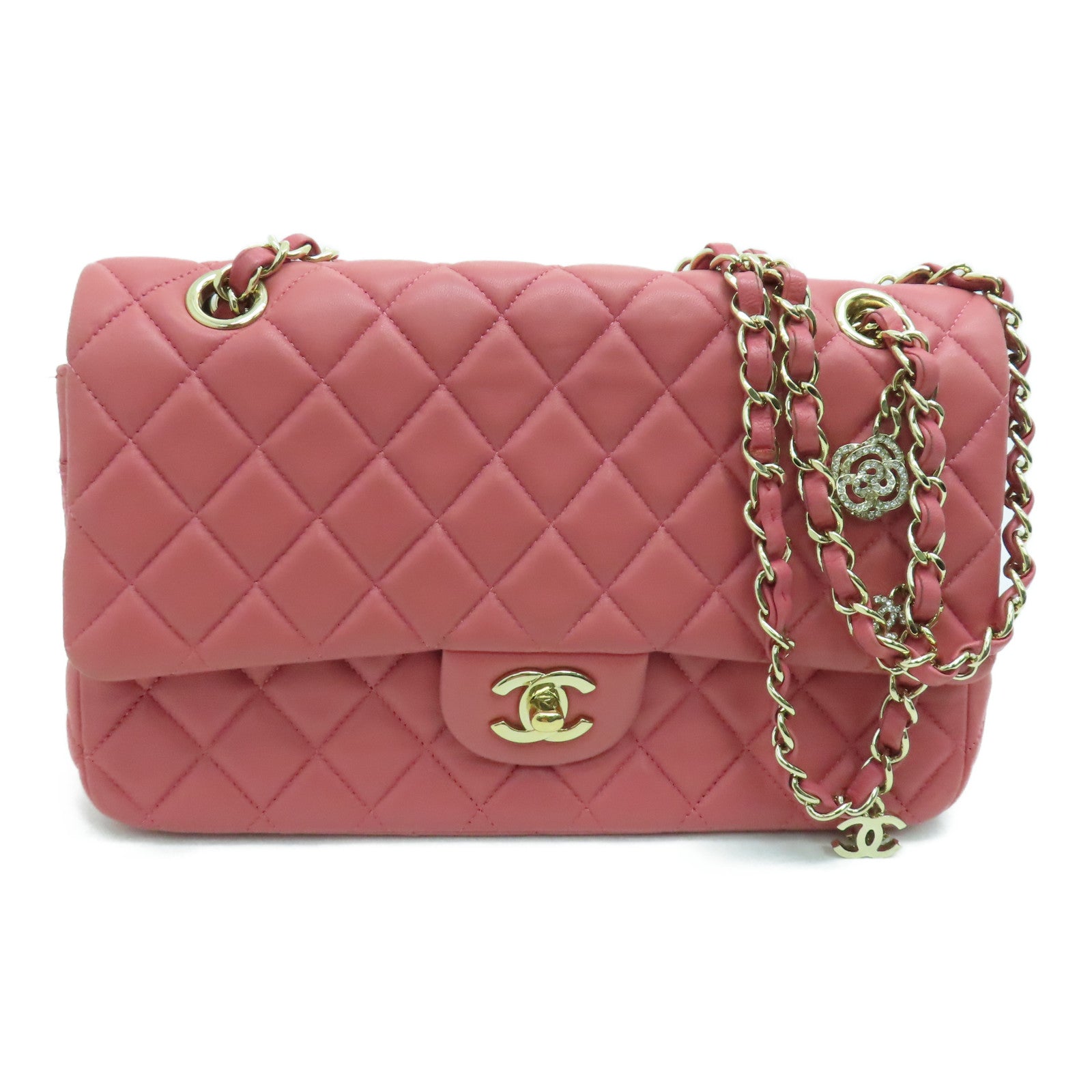CHANEL 羊皮皮革Chain Shoulder链带肩背袋金扣粉红色