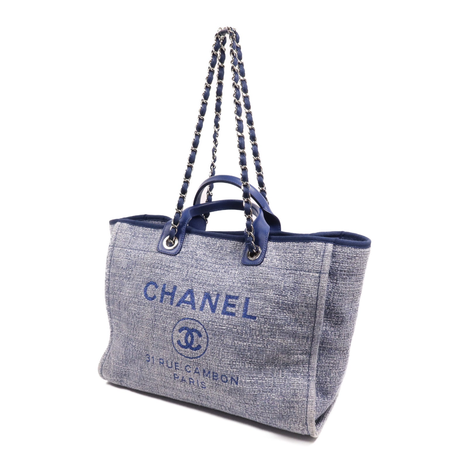 CHANEL 帆布Deauville Tote Bag銀扣鏈帶手挽肩背兩用袋
