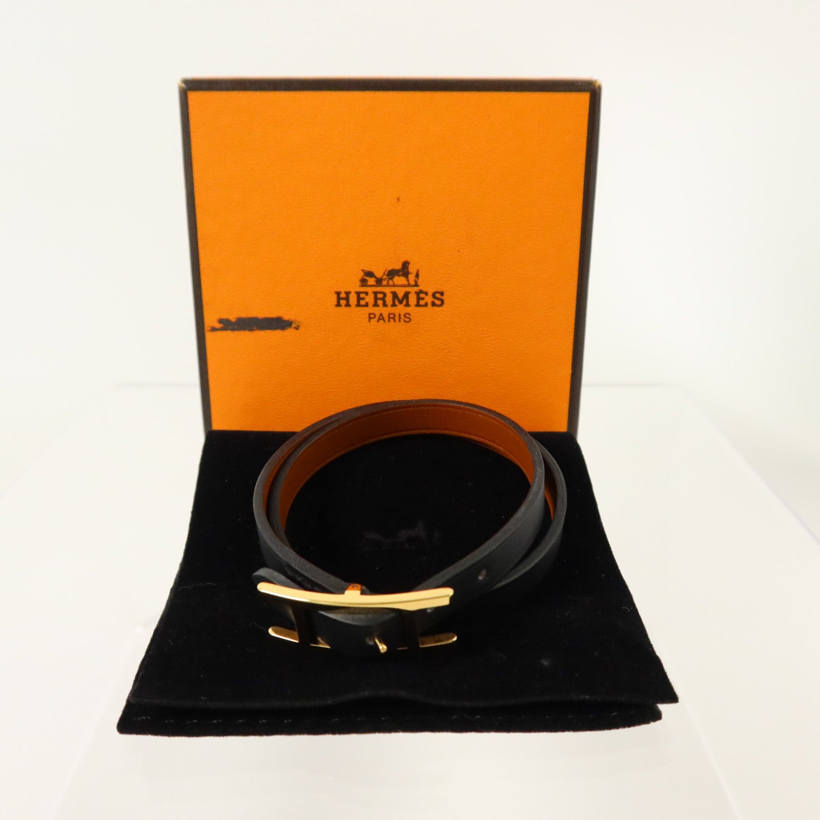 HERMES Chamonix/Tadelakt皮革Behapi Double Tour Bracelet金扣手鏈Black/Fauve