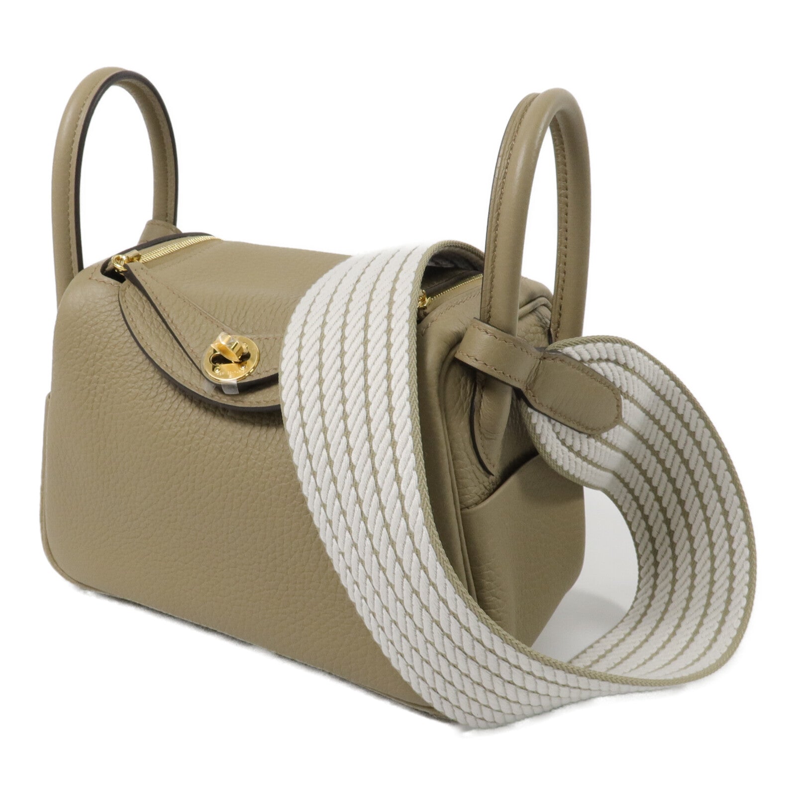 HERMES Clemence皮革Mini Lindy手挽肩背兩用袋Beige Marfa