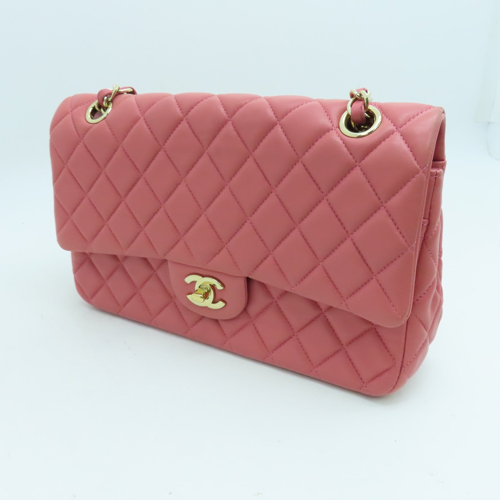 CHANEL 羊皮皮革Chain Shoulder链带肩背袋金扣粉红色