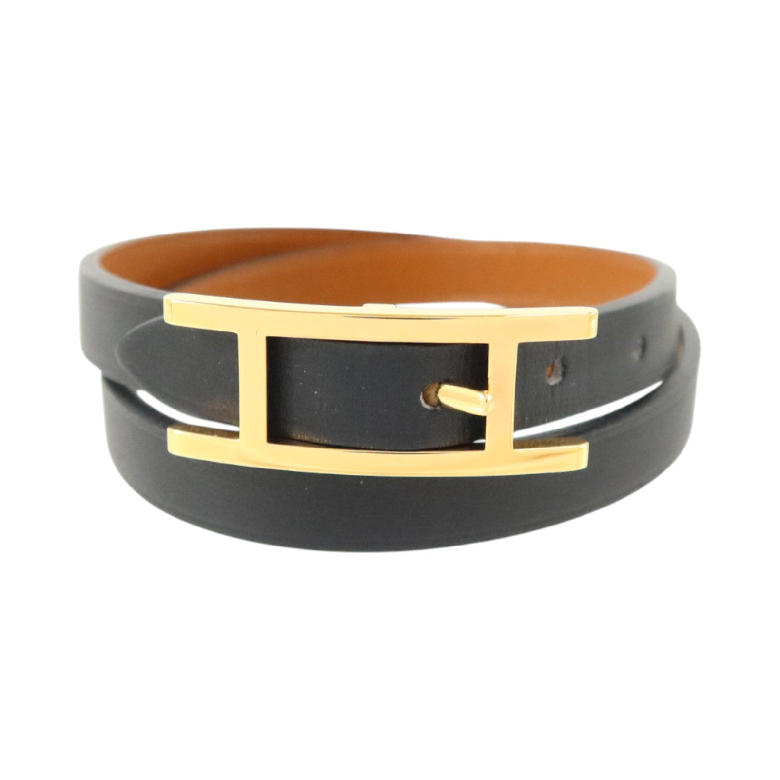 HERMES Chamonix/Tadelakt皮革Behapi Double Tour Bracelet金扣手鏈Black/Fauve