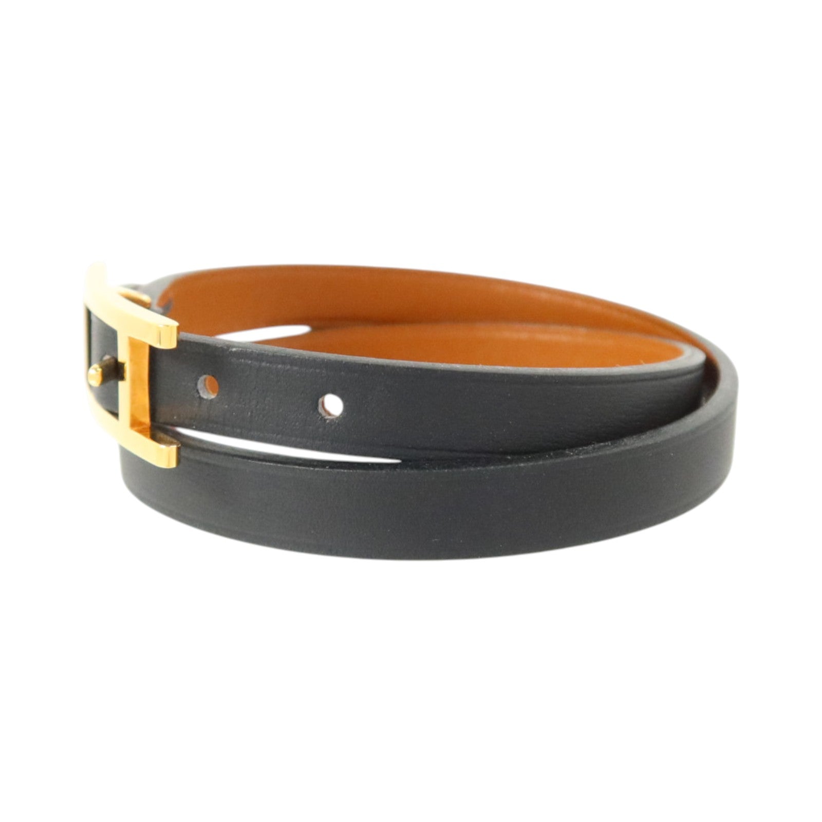 HERMES Chamonix/Tadelakt皮革Behapi Double Tour Bracelet金扣手鏈Black/Fauve