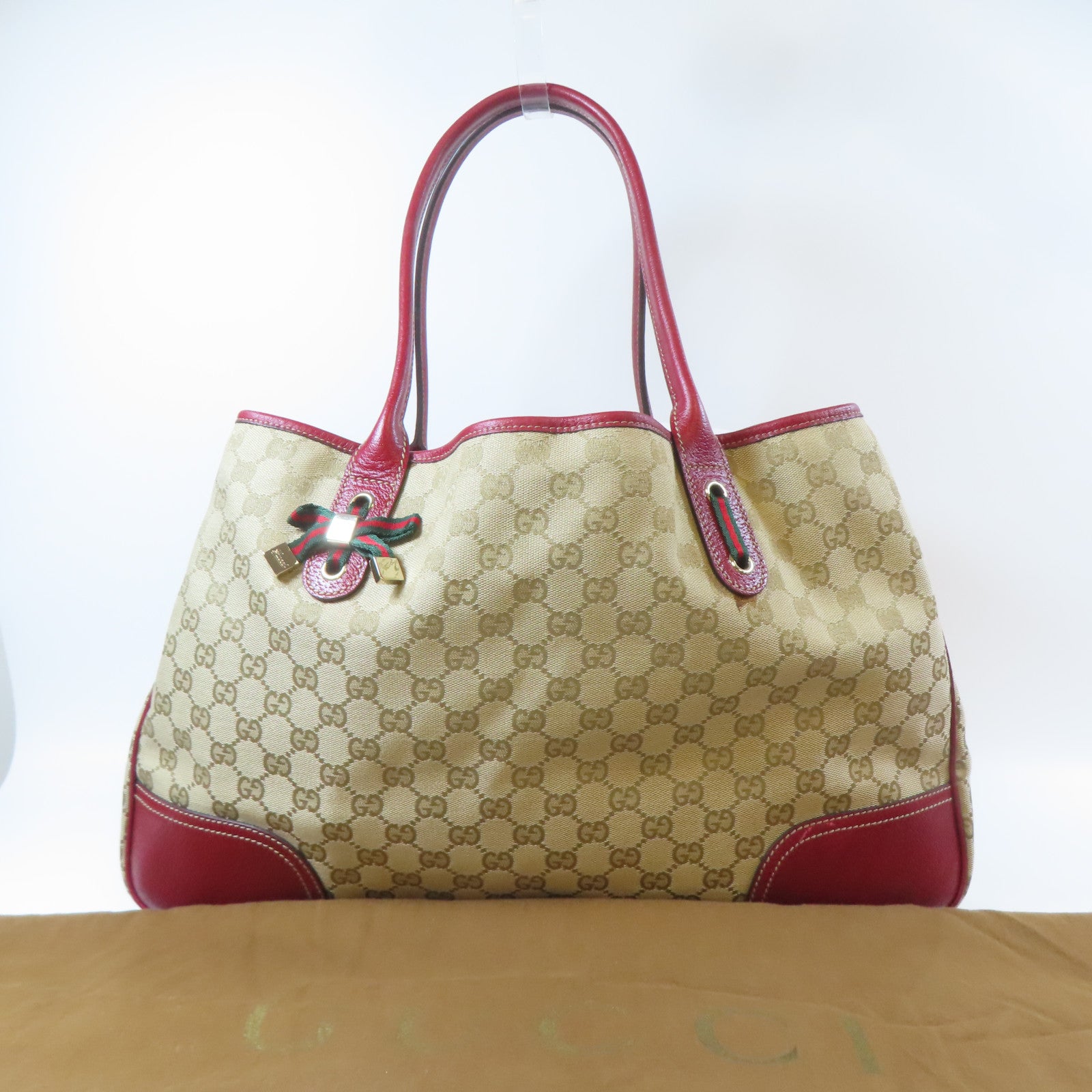 GUCCI 帆布Tote Bag金扣手挽袋米色/紅色