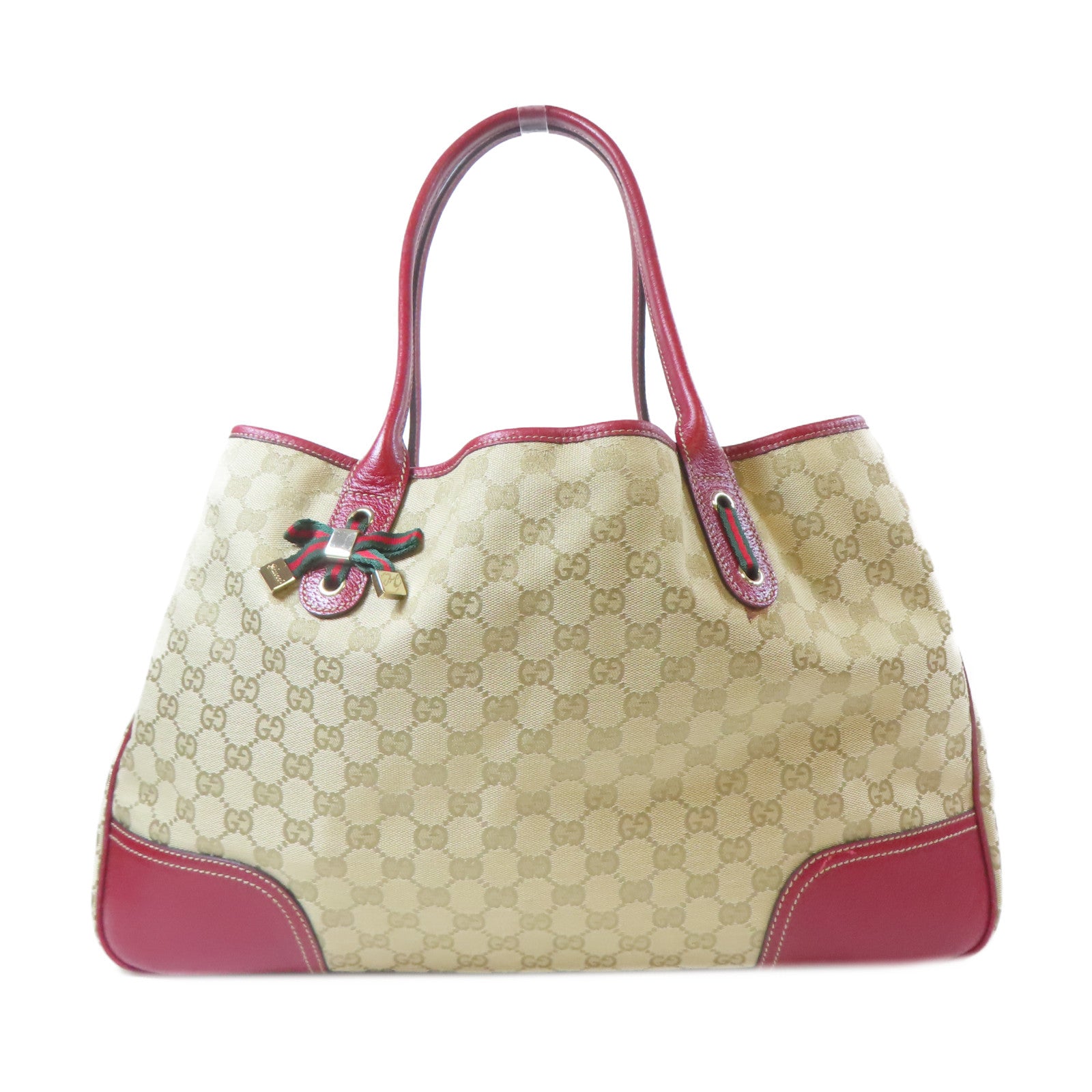 GUCCI 帆布Tote Bag金扣手挽袋米色/紅色