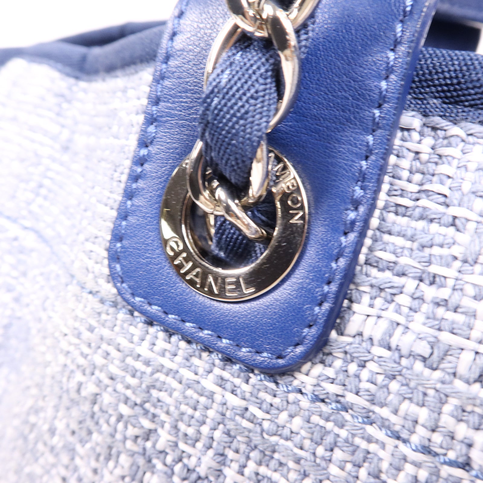 CHANEL 帆布Deauville Tote Bag銀扣鏈帶手挽肩背兩用袋