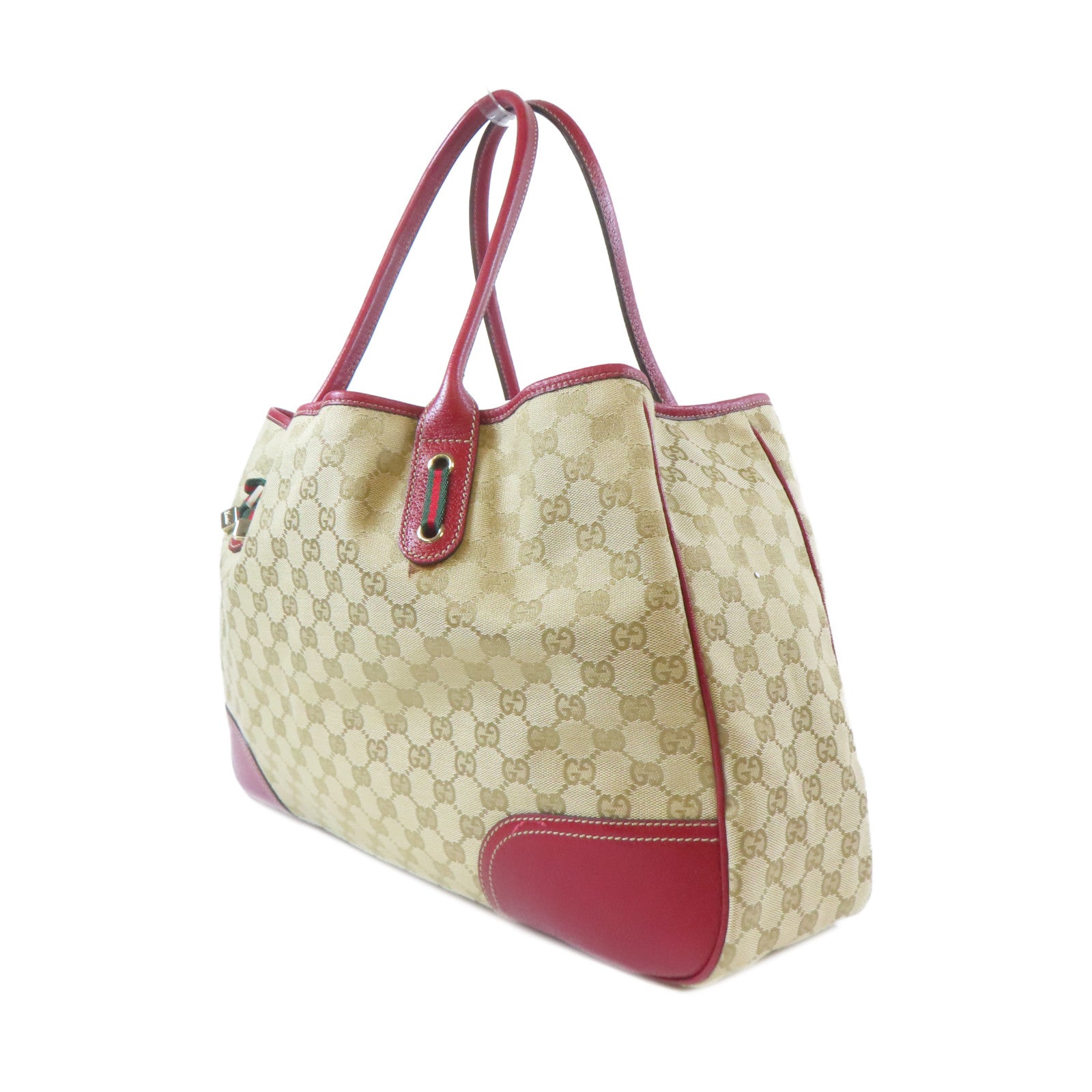 GUCCI 帆布Tote Bag金扣手挽袋米色/紅色