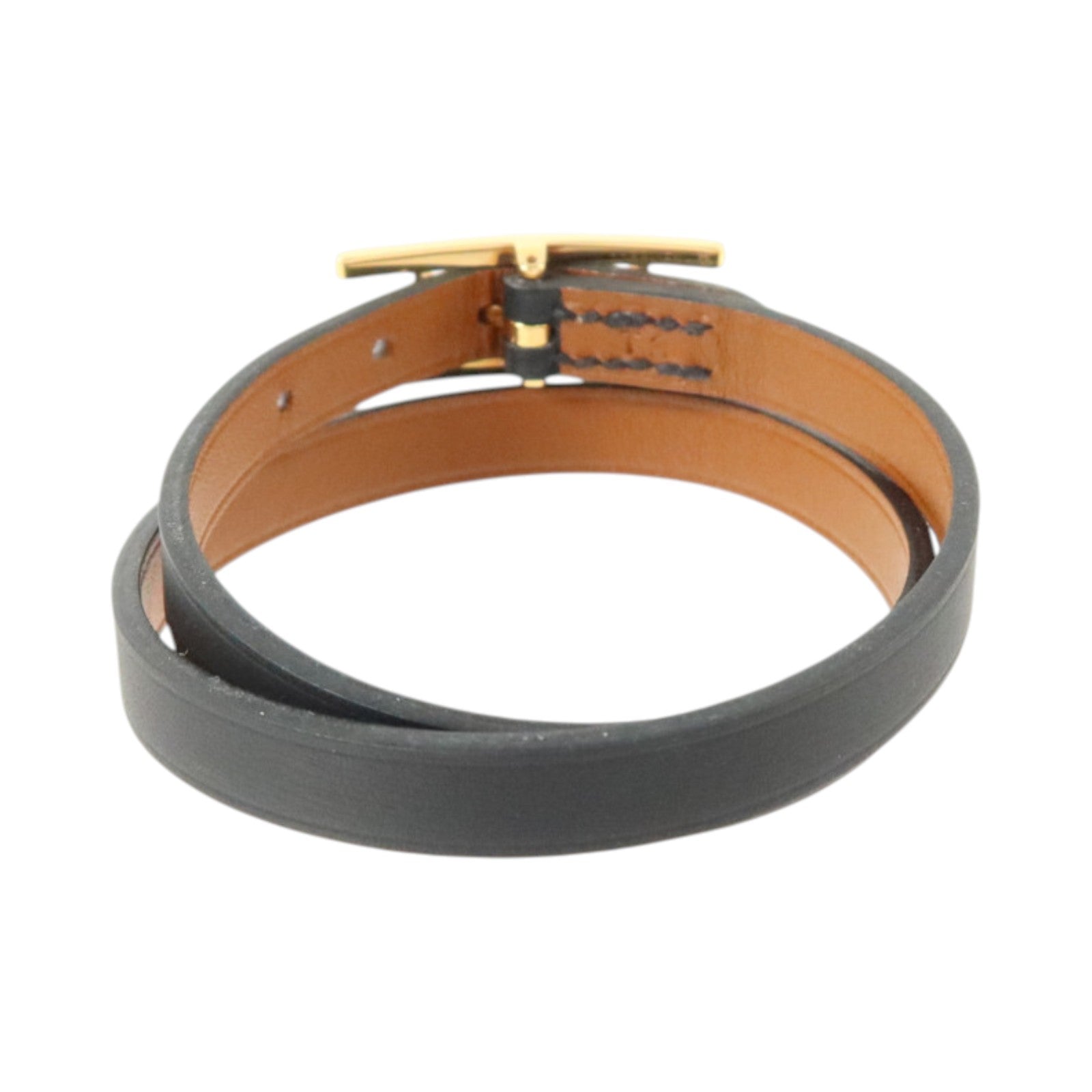 HERMES Chamonix/Tadelakt皮革Behapi Double Tour Bracelet金扣手鏈Black/Fauve