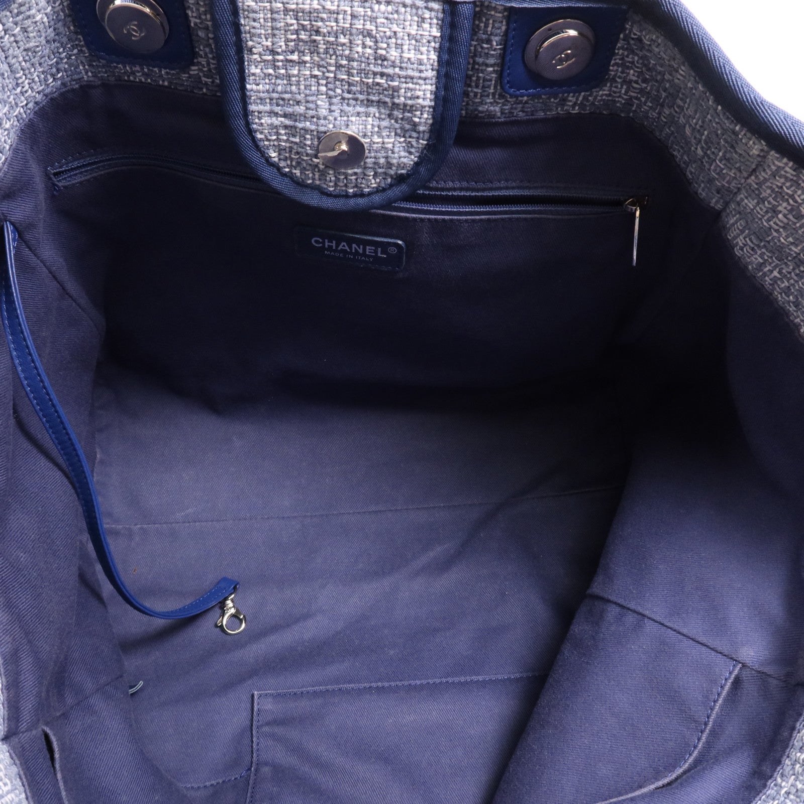 CHANEL 帆布Deauville Tote Bag銀扣鏈帶手挽肩背兩用袋