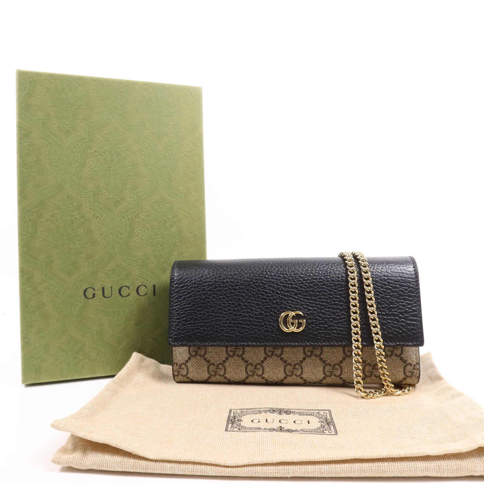 GUCCI 塗層帆布/皮革GG Marmont Wallet金扣鏈帶錢包