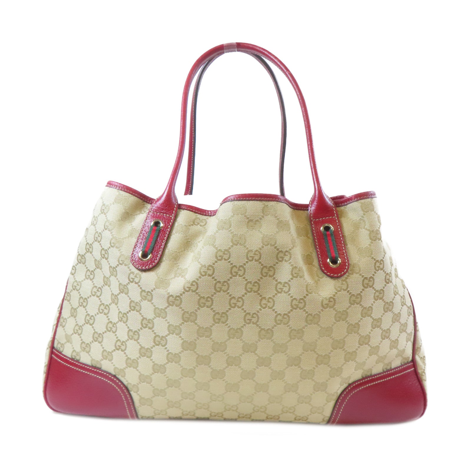 GUCCI 帆布Tote Bag金扣手挽袋米色/紅色