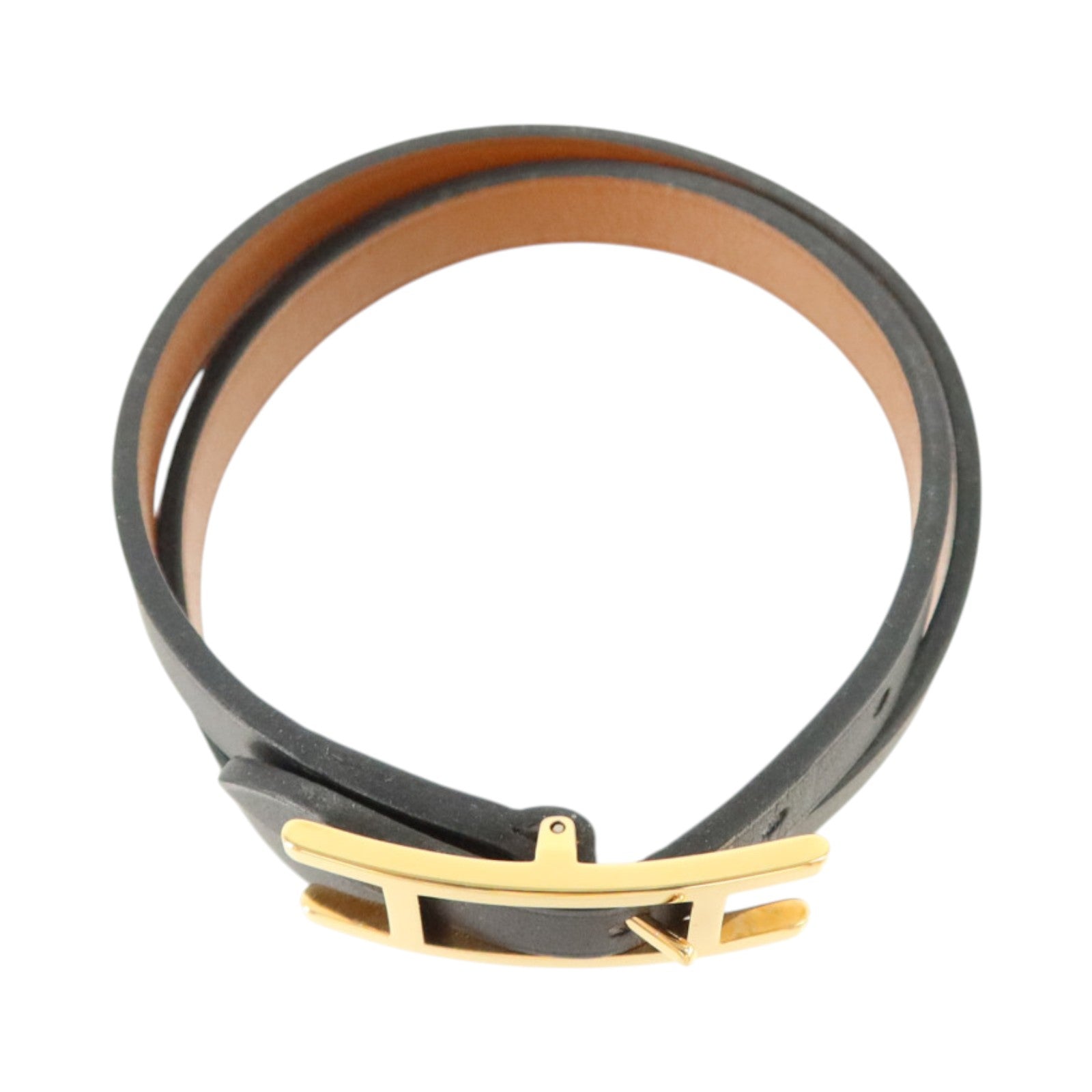 HERMES Chamonix/Tadelakt皮革Behapi Double Tour Bracelet金扣手鏈Black/Fauve